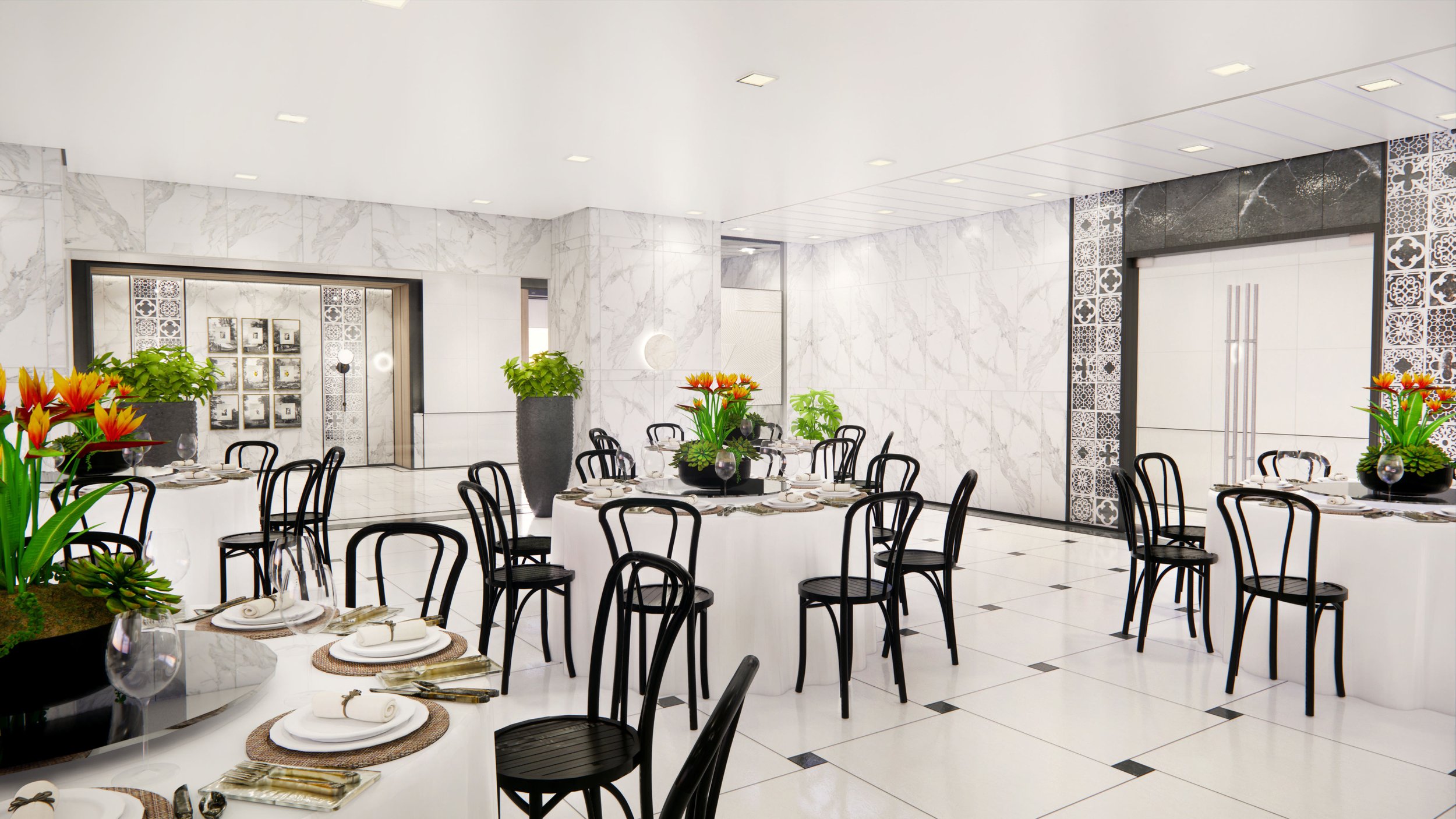 Elegant restaurant with round tables, black chairs, white tablecloths, and floral centerpieces in black vases, surrounded by white marble walls and tiled floors.