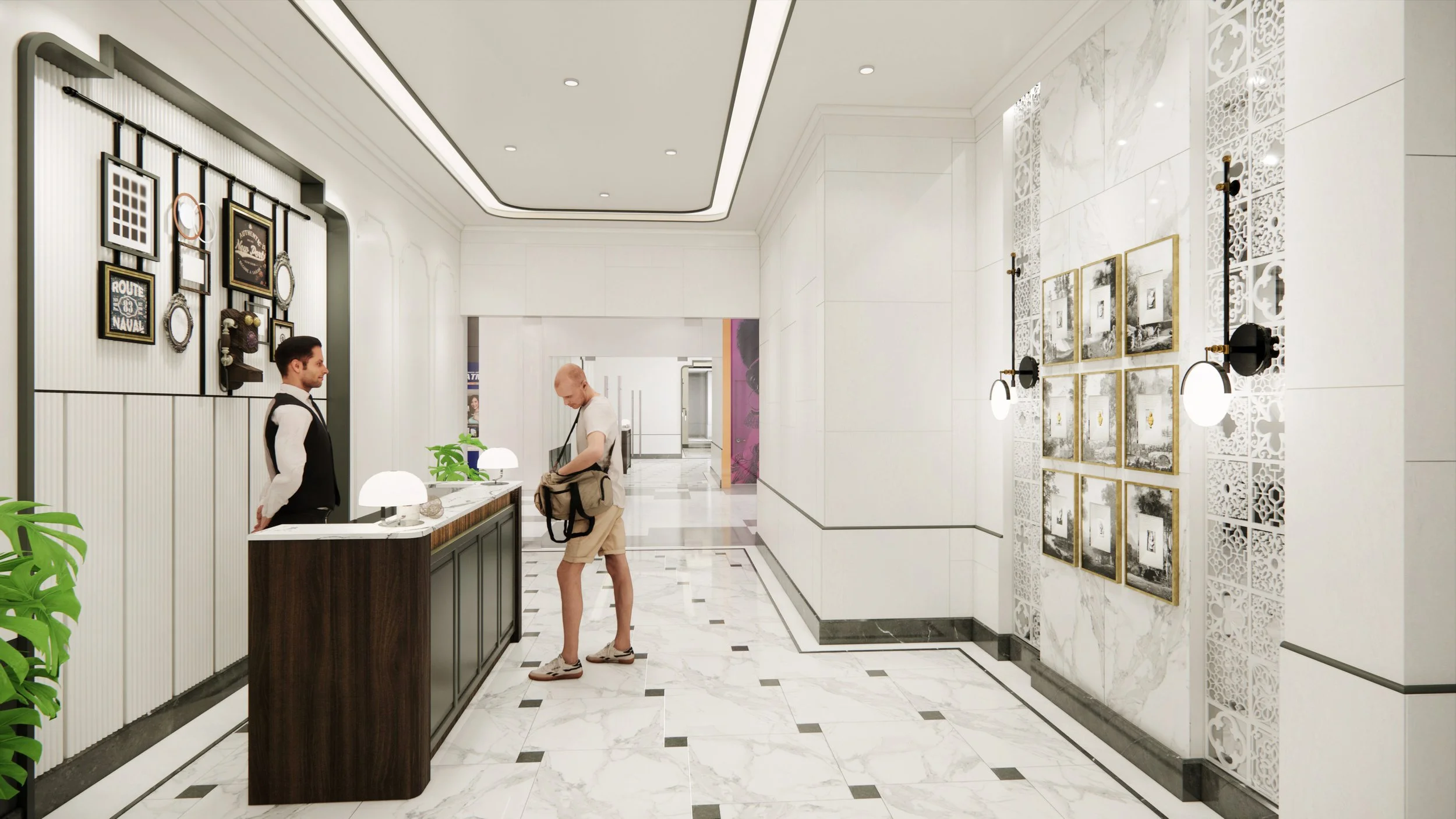 Hotel lobby with a reception desk, a man wearing shorts and a backpack, and a receptionist in a vest. The lobby has white marble floors, decorative wall art, and black and white framed pictures.
