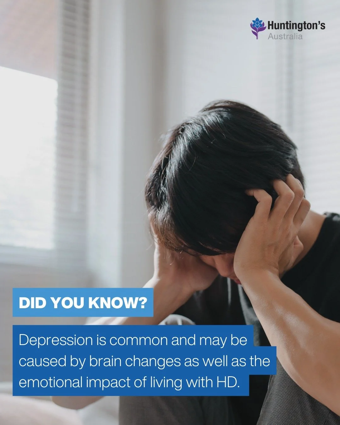 🧠 Depression and low mood are common in Huntington&rsquo;s disease. This can be due to brain changes and the emotional impact of living with HD.

The good news: depression in HD often responds well to treatment. 🩵 

Talk to healthcare professionals