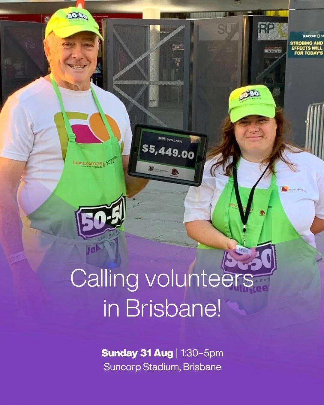 👋🏻 𝗛𝗲𝘆, 𝗕𝗿𝗶𝘀𝗯𝗮𝗻𝗲 - 𝘄𝗲 𝗻𝗲𝗲𝗱 𝗺𝗼𝗿𝗲 𝘃𝗼𝗹𝘂𝗻𝘁𝗲𝗲𝗿𝘀!

Join us at Suncorp Stadium on Sunday 31 August, 1:30&ndash;5pm for the Dolphins vs Titans 50-50 Charity Raffle. Help sell tickets, raise awareness, and support families imp