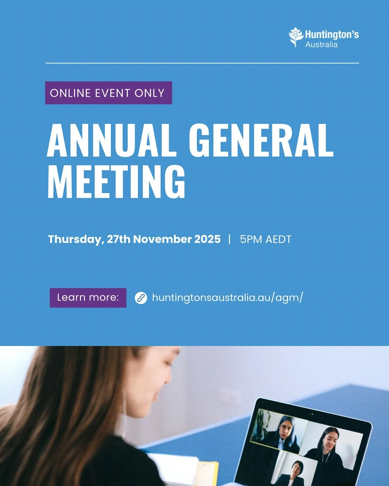 𝗛𝘂𝗻𝘁𝗶𝗻𝗴𝘁𝗼𝗻&rsquo;𝘀 𝗔𝘂𝘀𝘁𝗿𝗮𝗹𝗶𝗮 𝗔𝗻𝗻𝘂𝗮𝗹 𝗚𝗲𝗻𝗲𝗿𝗮𝗹 𝗠𝗲𝗲𝘁𝗶𝗻𝗴
🖥️ Online event only

We invite you to join us as we reflect on our achievements and look ahead to the coming year. All are welcome to attend. Voting is avai