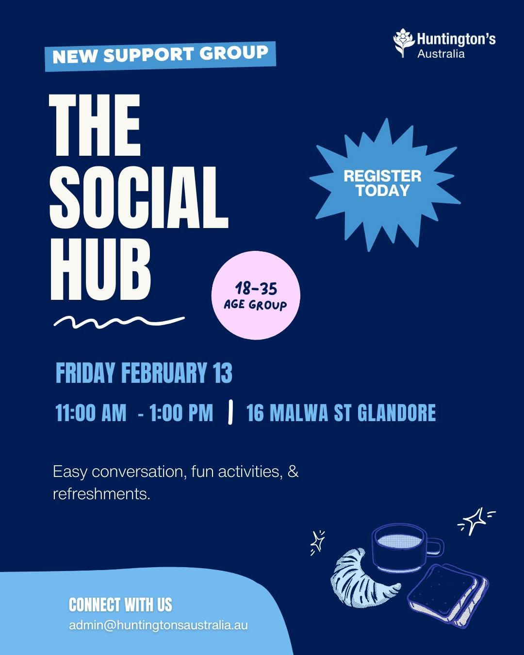 Hello, South Australia! We're brewing something for you ☕

Welcome to The Social Hub &mdash;  a new support group created for young people aged 18&ndash;35. Think easy conversation, fun activities, and refreshments. Come take a break with us.

📅 Fri