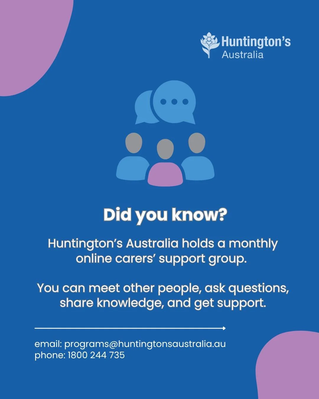 Are you a carer or loved one of someone living with Huntington's? Always wanted to attend a support group but can't make any in-person events? 

Our carer groups provide an opportunity to connect with others, share advice, and support each other. Bes