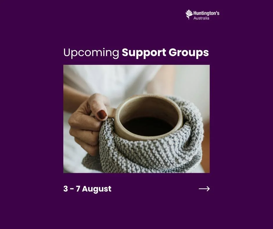 Support groups happening this week:

5 August, Wednesday
💜 WA - Day Centre
💜 NSW - West Ryde Carers' Support Group

If you'd like to join any of these groups, contact us on 1800 244 735 or email programs@huntingtonsaustralia.au. Visit our website f