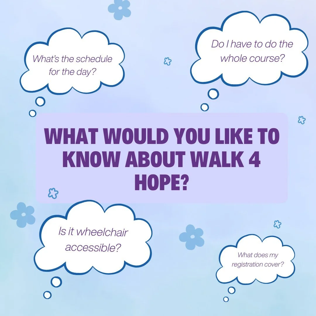 With only 2.5 weeks to go until the first Walk 4 Hope in Brisbane, you might have some questions still.

What's the plan for the day? How do I get there? Can I bring a pram? Do I really have to walk the full 4km? (Short answer: no) 

Ask a question b