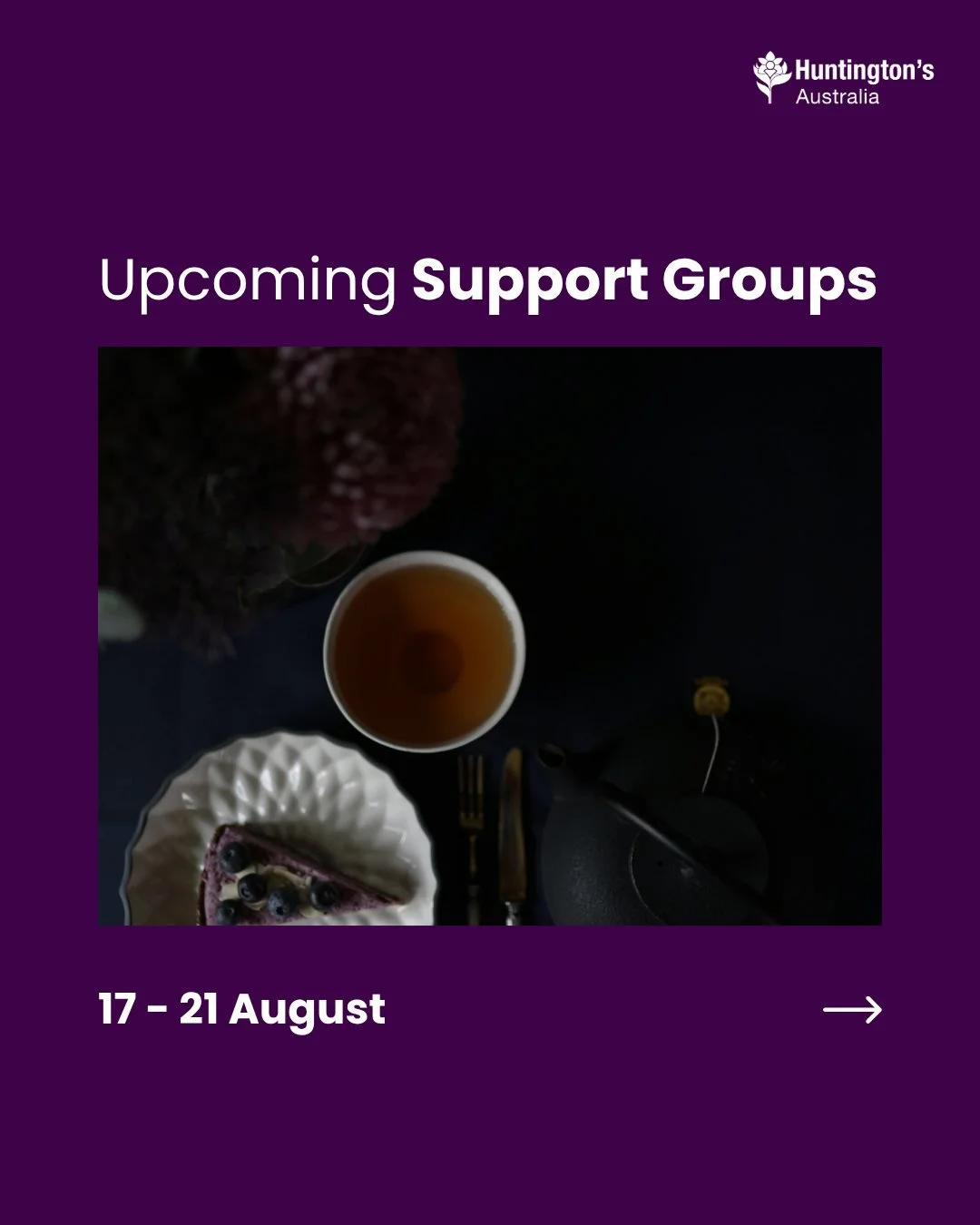 Support groups happening this week:

19 August, Wednesday
💜 WA - Day Centre

20 August, Thursday
💜 WA - Northern Carers' Group
💜 QLD - Gold Coast Support Group

21 August, Friday
💜 QLD - Toowoomba Support Group

If you'd like to join any of these