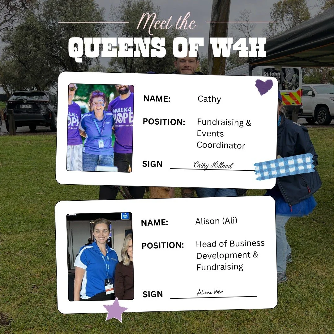 You might have spotted them at Light It Up, the Conference, or around the Sydney and Brisbane offices.

But as the Queens of Walk 4 Hope, we can guarantee you'll see Cathy and/or Ali at all of the upcoming stops - including Perth this weekend.

They'