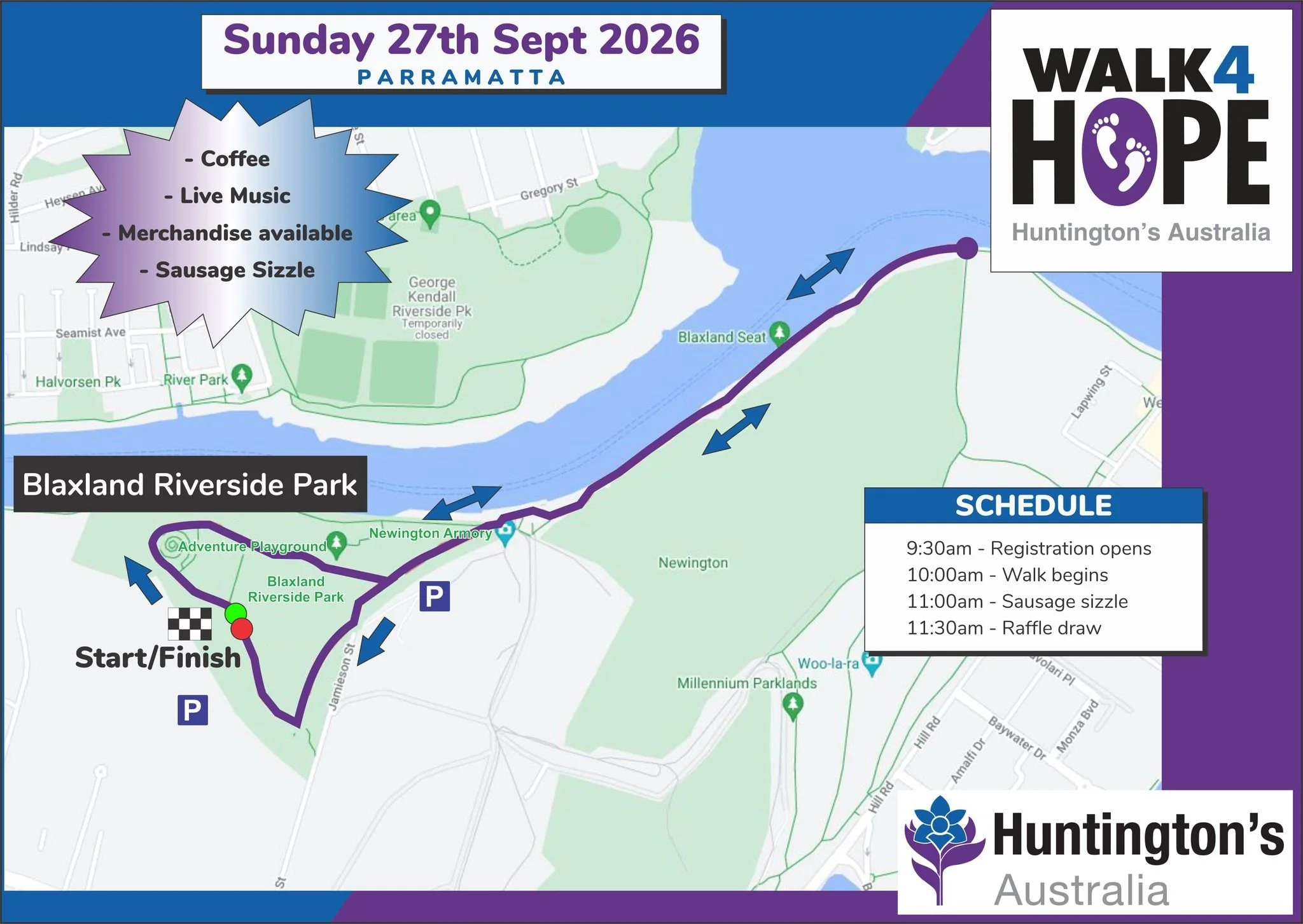 Parramatta, ready to Walk 4 Hope tomorrow?

Here's all the info you need about parking, arrival times, and registrations.

Where do I park?
The closest parking is available on Jamieson Street at the park's entrance. The first 2 hours are free, and th