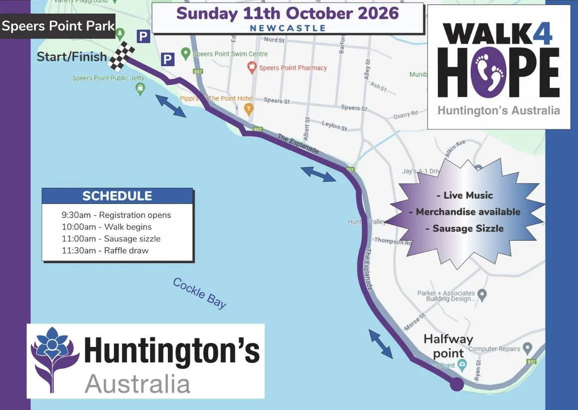 Newcastle, ready to join us and Walk 4 Hope tomorrow? You can expect live music, merch, and a sausage sizzle - plus a fun community event supporting people impacted by Huntington's disease.

Here's all your FAQs answered:

Where do I park?
You'll fin