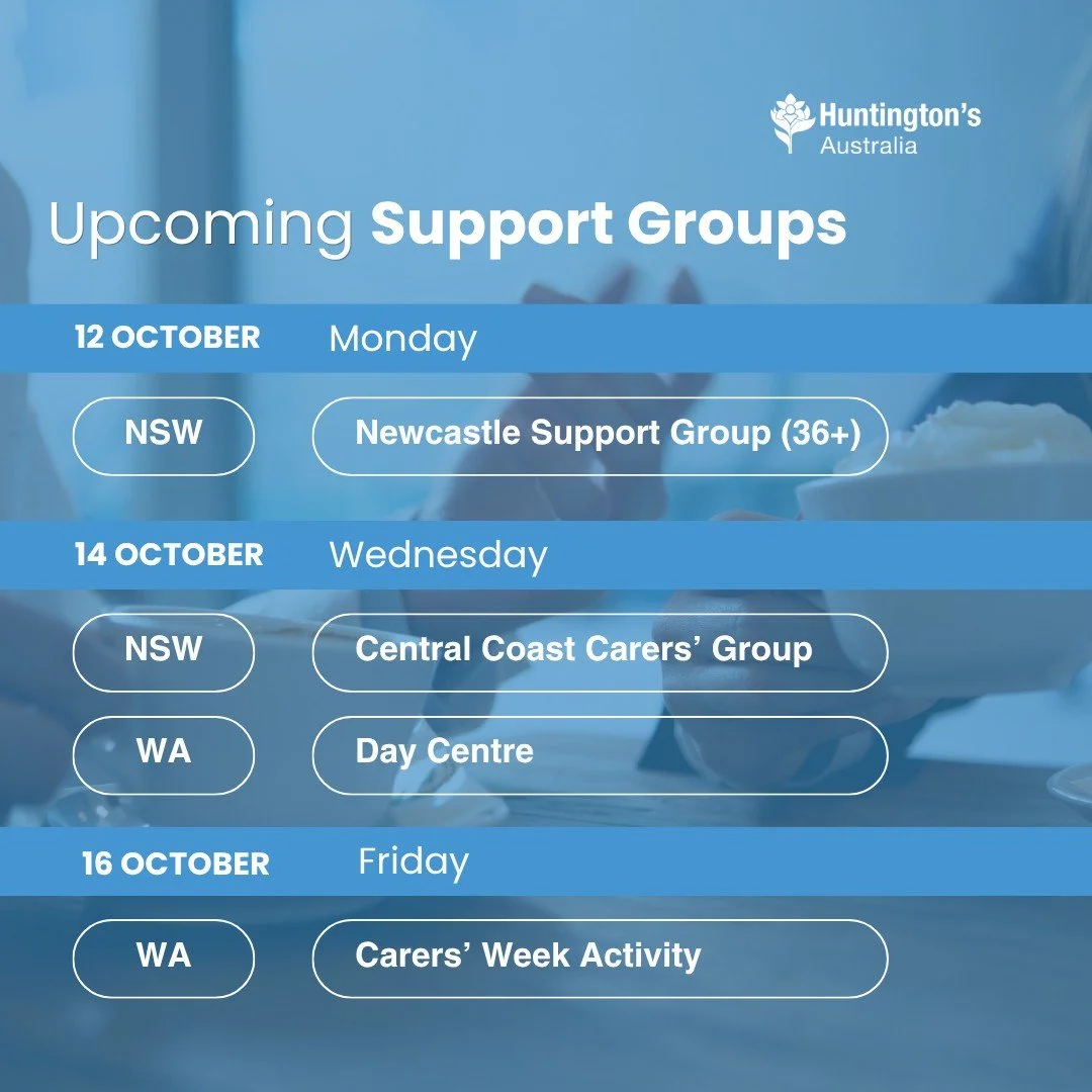 Support groups happening this week:

12 October, Monday
💜NSW - Newcastle Support Group

14 October, Wednesday
💜 NSW - Central Coast Carers' Group
💜 WA - Day Centre

16 October, Friday
💜 WA - Carers' Week Activity

If you'd like to join any of the