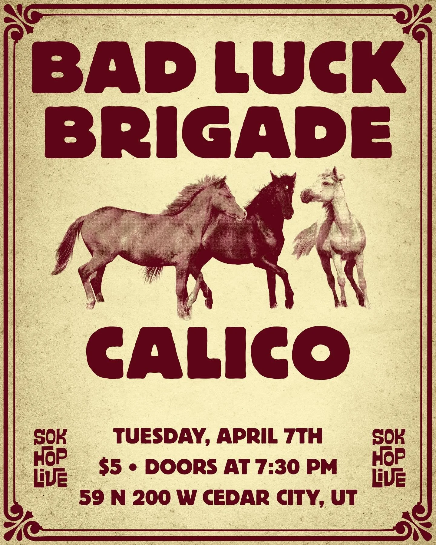 A lineup too good to joke about ‼️We&rsquo;ve got @badluckbrigade and @calicobandofficial on April 7th and we could not be more excited 🤘

#sokhoplive #cedarcityevents #livemusic #cedarcityutah #concert