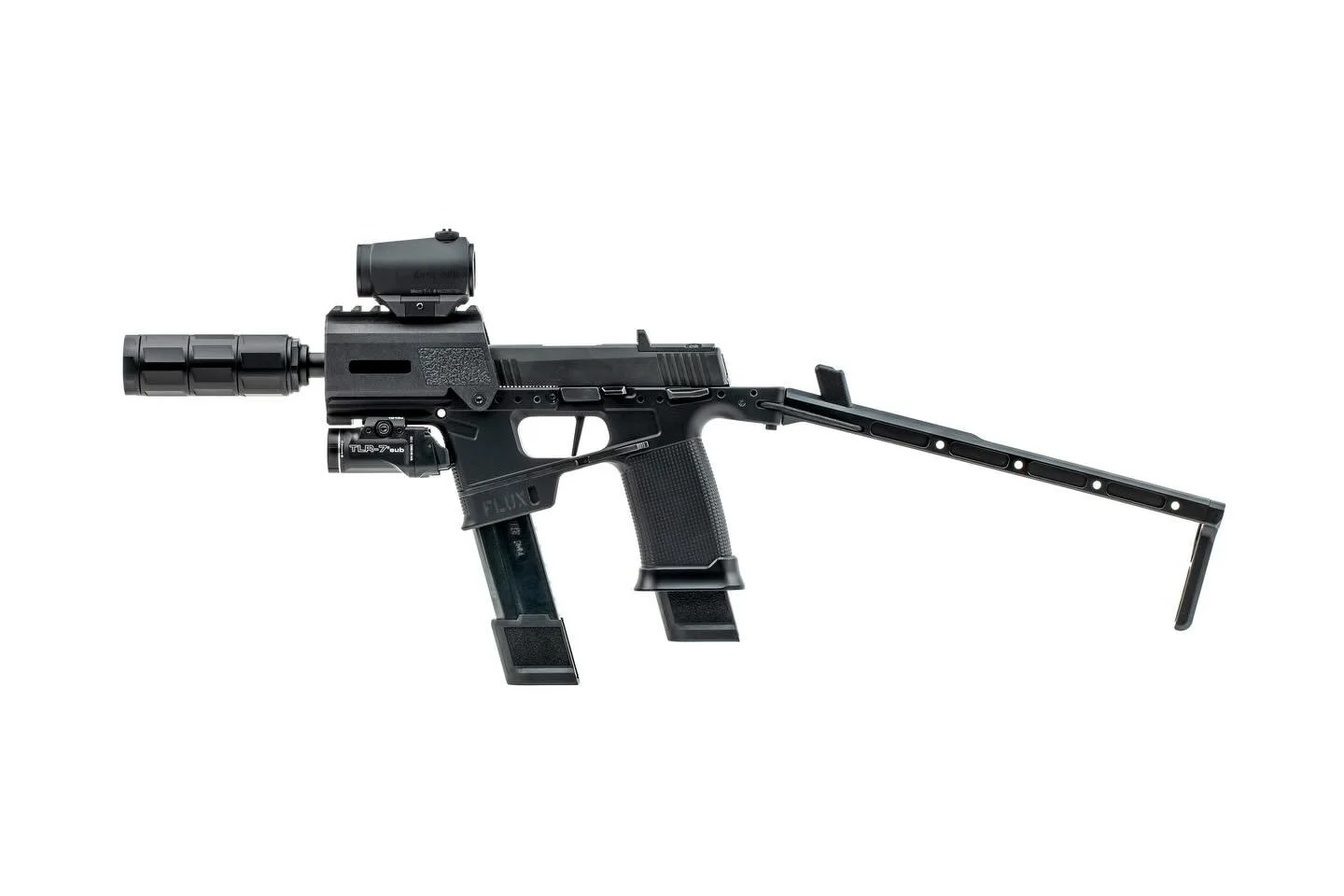 An example build of the Flux Raider 365 + NEXUS K. Allows for increased compatibility with your choice of suppressor, comps, etc. and as always the HELPeR (short) allows tool-less take-down through the NEXUS hood.