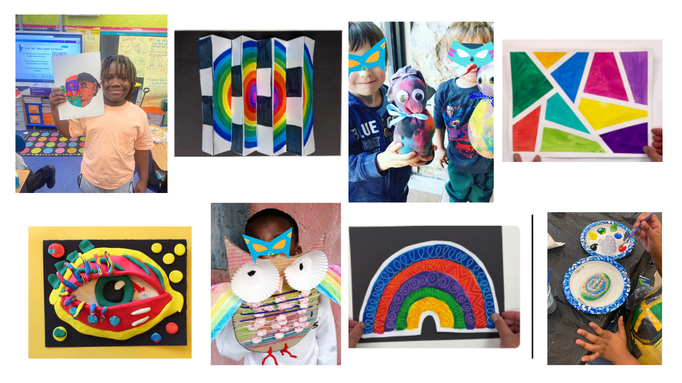 Children and adults engaging in arts and crafts activities, including painting and creating colorful artwork with paper, paint, and craft supplies.