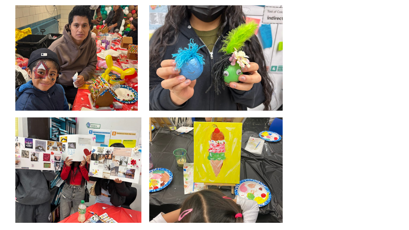 Collage of four images showing children participating in creative activities and crafts, including face painting, making and decorating art projects, and displaying completed artwork.
