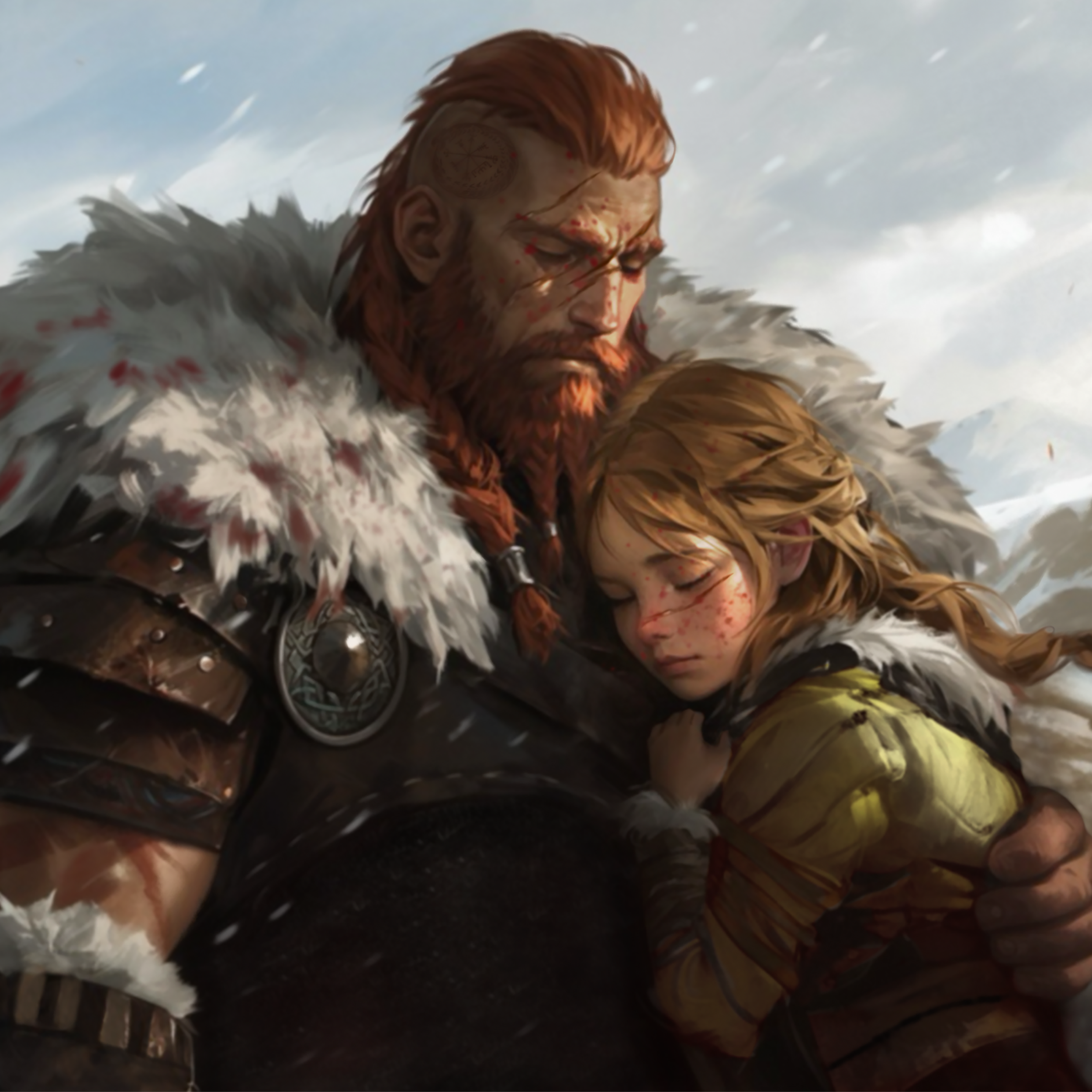 Artwork of Viking man hugging a young girl