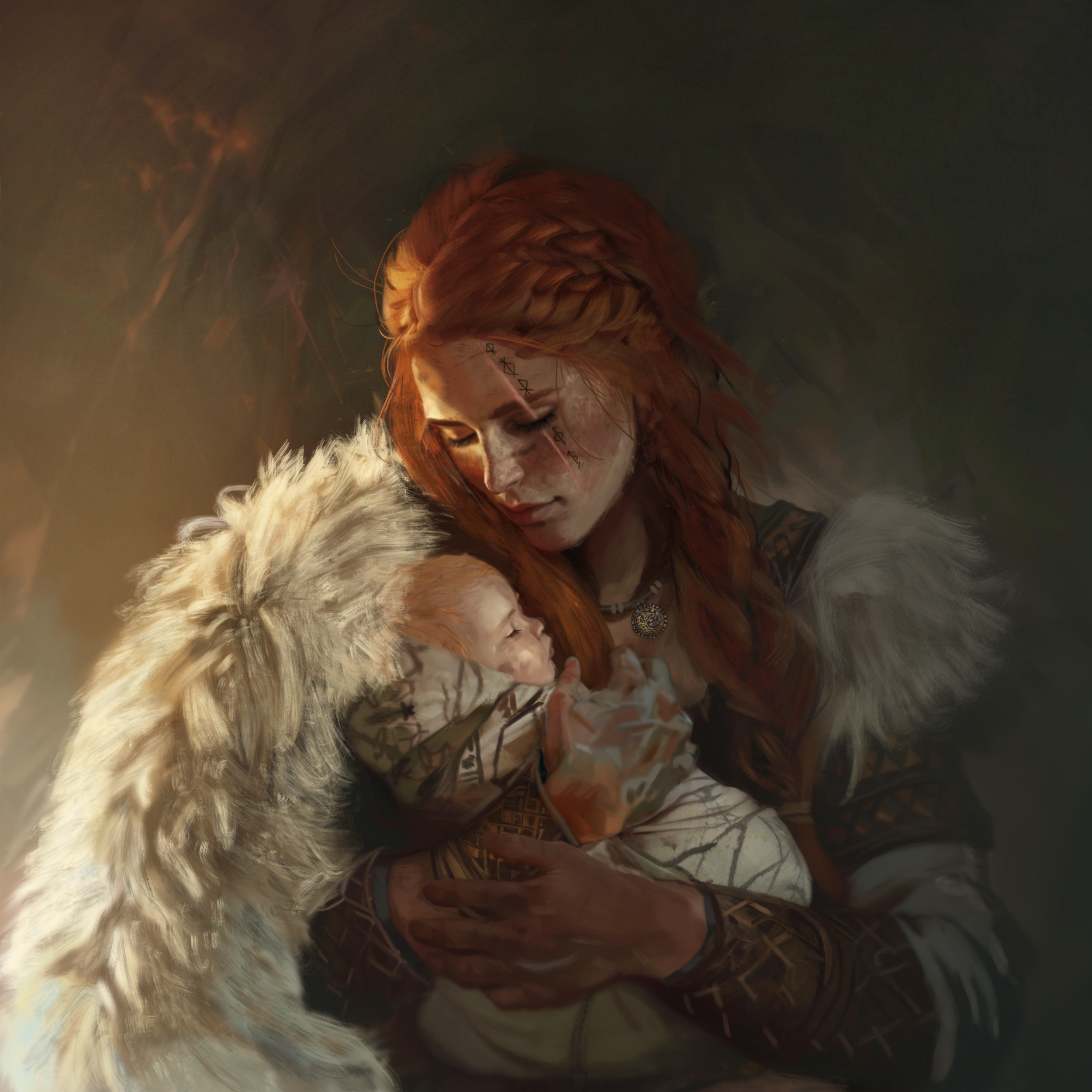 Artwork of Viking woman holding baby
