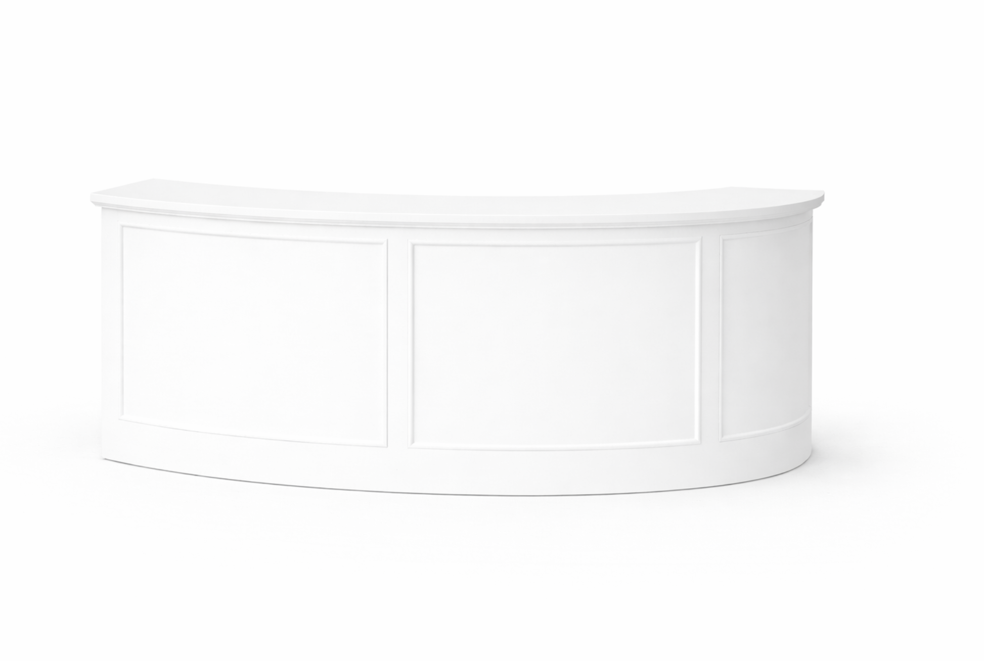 Curved white bar for hire for weddings and event bar setups in Queenstown, Wānaka and Canterbury