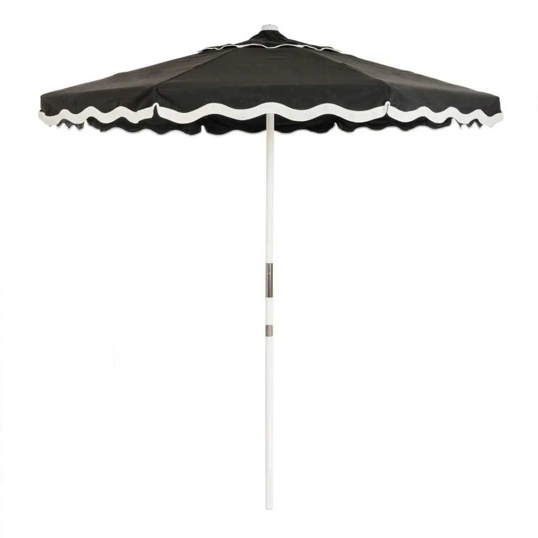 Black scalloped umbrella for hire – elegant shade for wedding bars and outdoor events in Central Otago