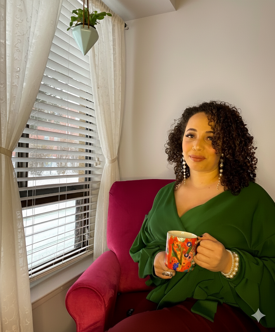 Natashja sitting in a pink chair by a window on a snowy day with a cup of tea