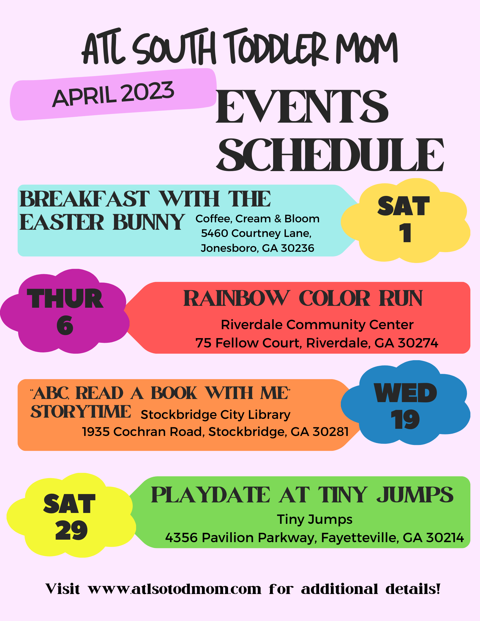 April 2023 events schedule for ATL South Toddler Mom, featuring various children's activities with dates, locations, and descriptions, including breakfast with the Easter Bunny, Rainbow Color Run, storytime at the library, and a playdate at Tiny Jumps.