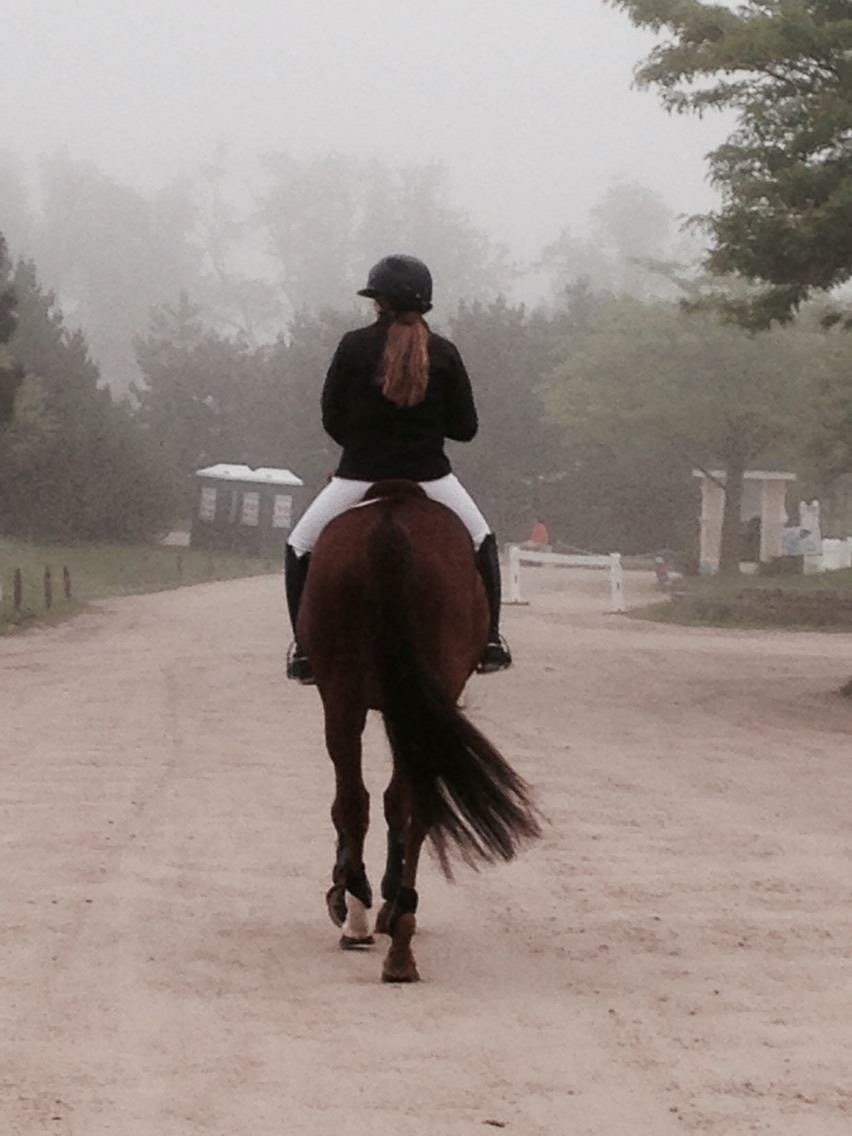 A person riding a brown horse on a dirt path through a foggy outdoor setting with trees and structures in the background.