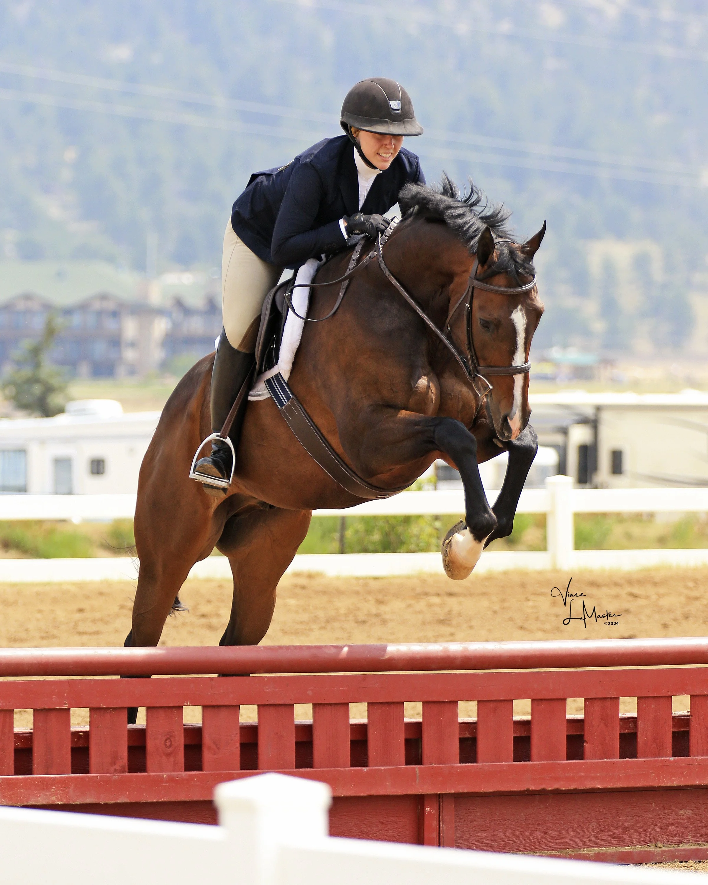 A woman in a riding helmet and beige riding pants riding a brown horse over a red obstacle during a show jumping event.