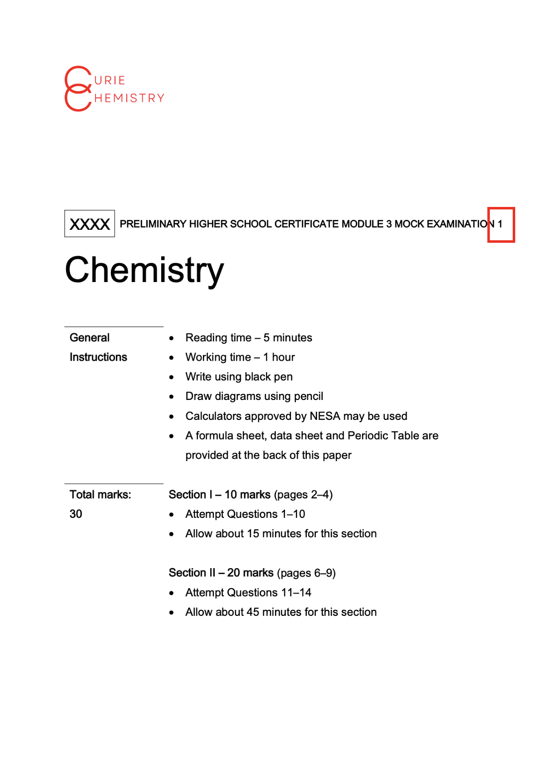 Year 11 Chemistry Module 3 Practice Test Papers (x3)