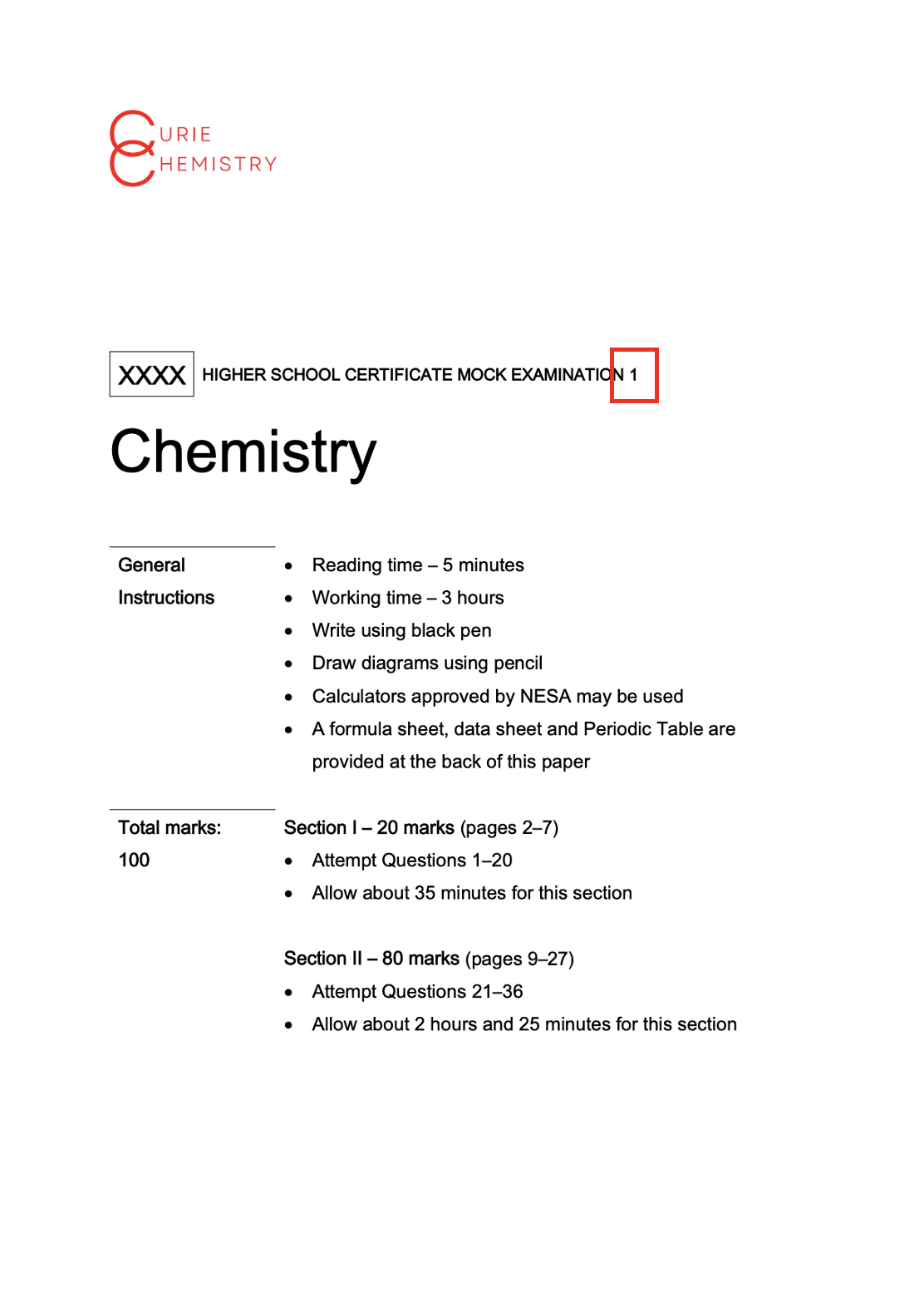 Year 12 Chemistry Mock HSC Trial Exams (x3)