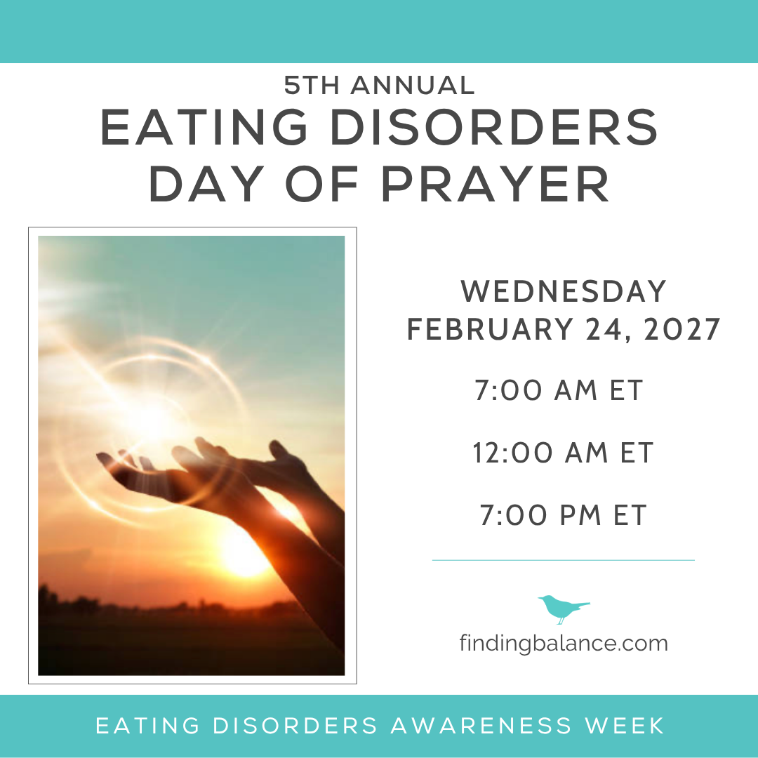 Event poster for the 5th Annual Eating Disorders Day of Prayer on February 24, 2027, with a sunset or sunrise photo of a hand reaching towards the sun inside a heart-shaped halo.