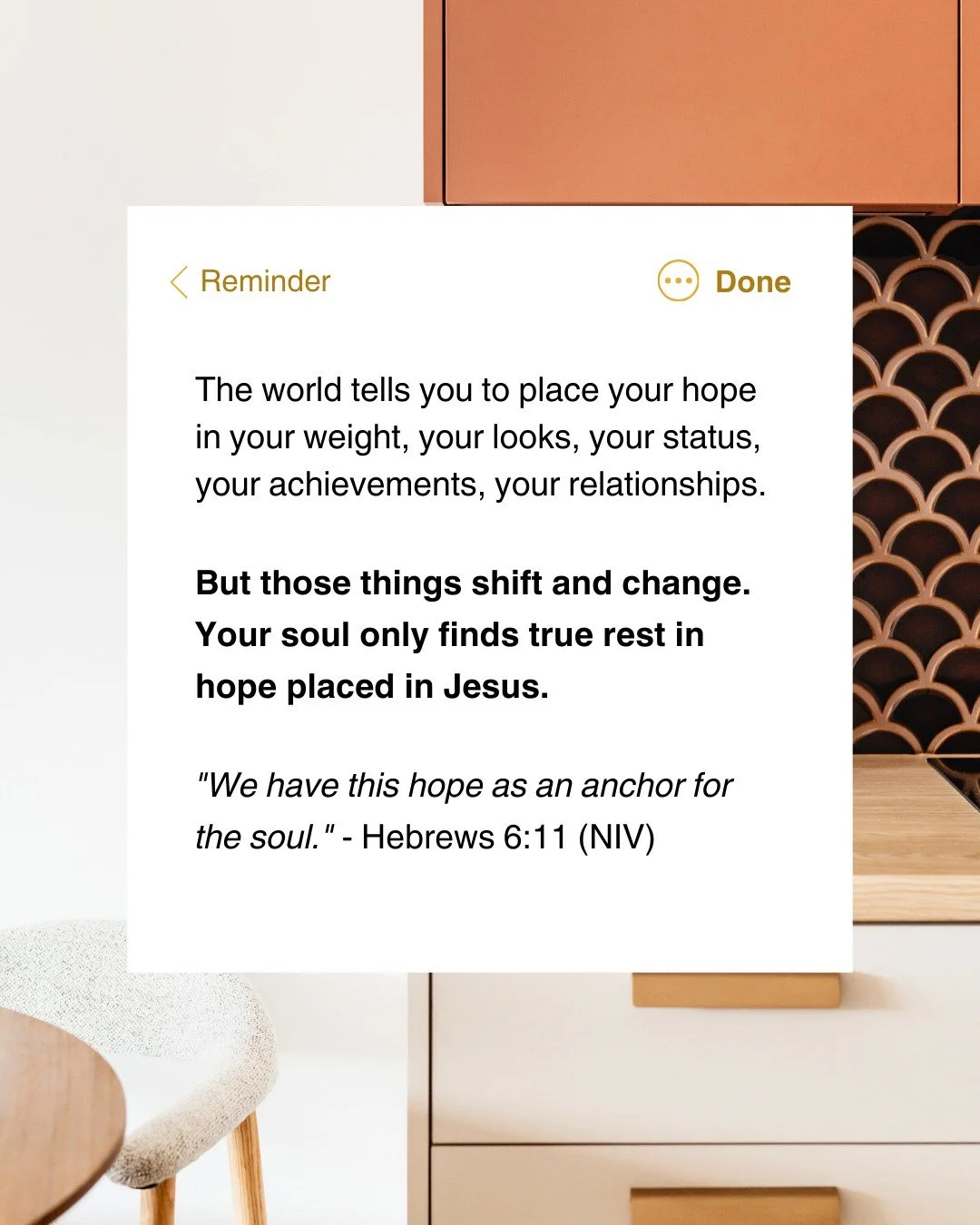 When you anchor your hope in anything less than God, it won't hold when the waters get rough. The "perfect" clothing size, the most controlled eating, the most intense exercise? None of it can give you peace and confidence when life doesn't