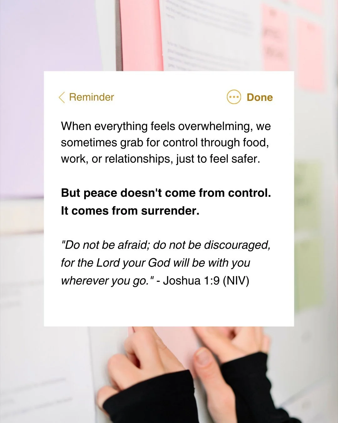 The real path to peace isn't control, it's surrender.

When life feels overwhelming, we reach for control through food, work, relationships, just to feel safer.

But peace doesn't come from control. It comes from surrender. 🤍

Today, invite Jesus in