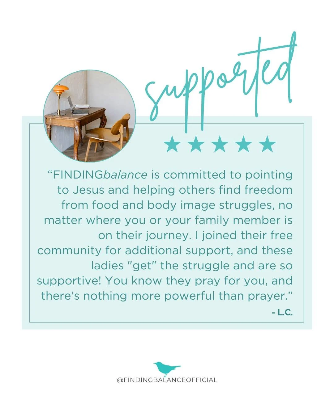 Real freedom, real testimony. Here's what L.C. shared with us:

"FINDINGbalance is committed to pointing to Jesus and helping others find freedom from food and body image struggles, no matter where you or your family member is on their journey. 