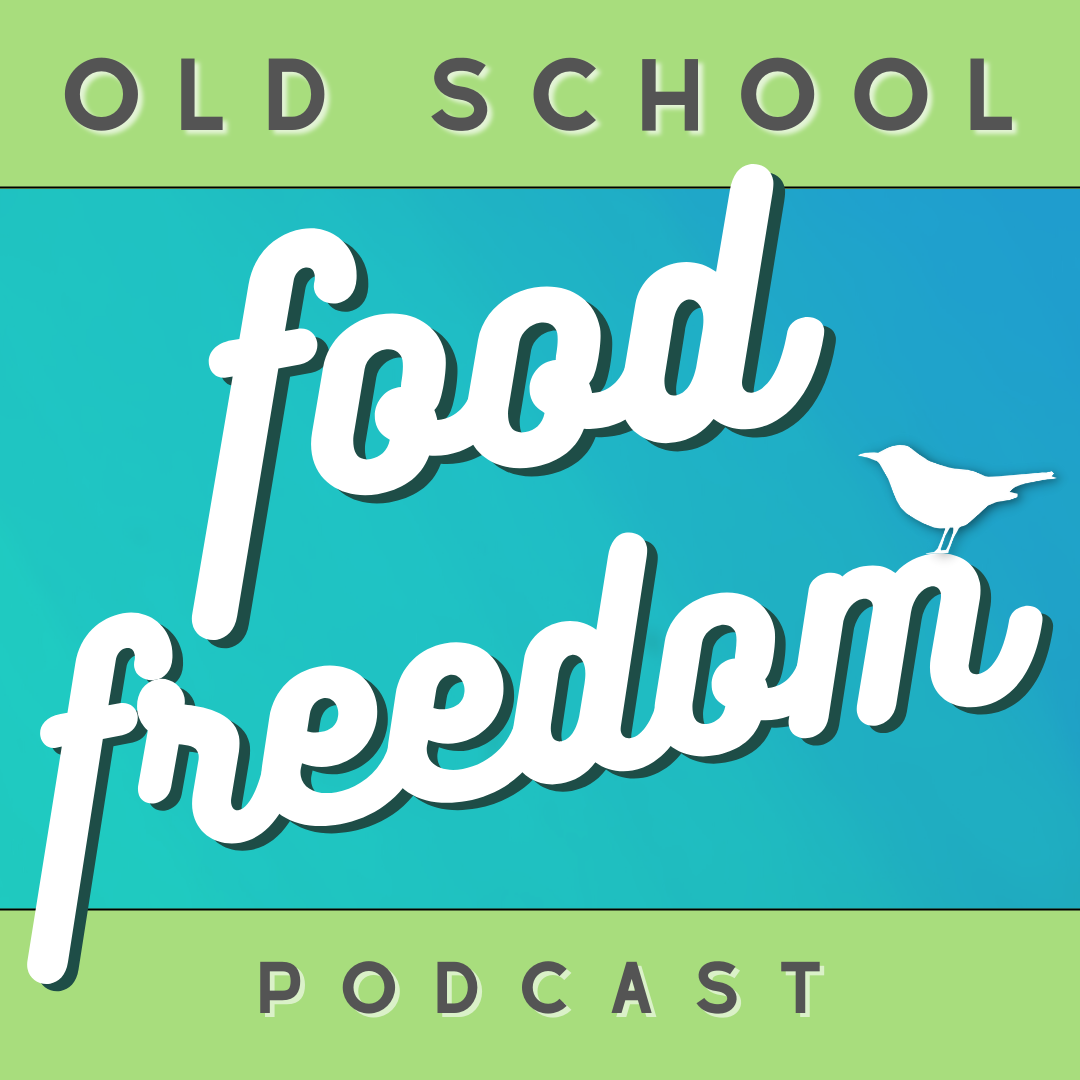 Logo for the Old School Food Feed Podcast with the title in bold stylized text, featuring a small bird illustration.