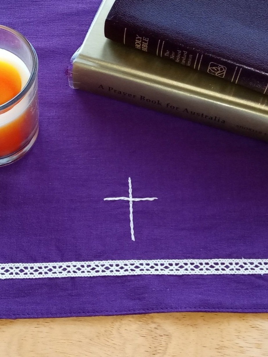 Purple : Custom made Christian Prayer Table Cloths for Home Altars and School Prayer Spaces