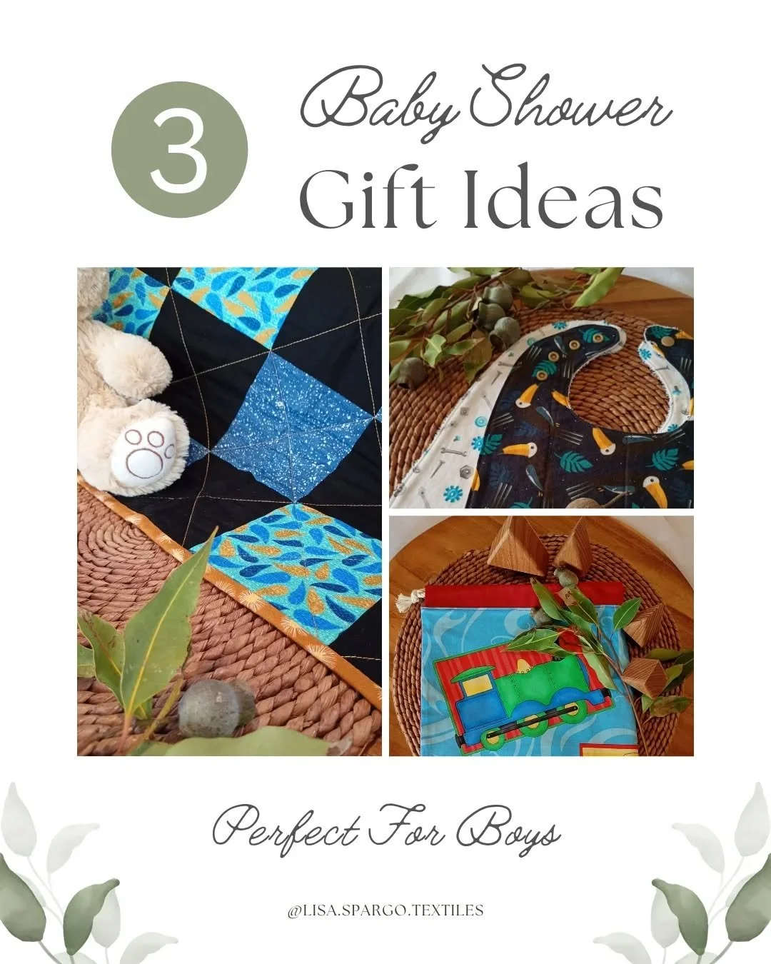 Three Baby Shower Gift Ideas
-Perfect for Boys
Do you have a baby shower coming up and you're not quite sure what to gift? Here are three unique, handcrafted options that will be perfect for little boys.
1 - Baby Quilt - This one of a kind, handmad