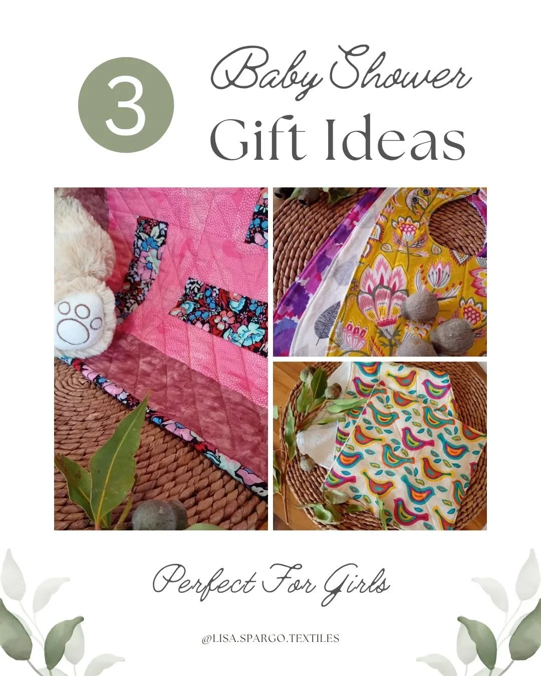 Three Baby Shower Gift Ideas
-Perfect for Girls

Do you have a baby shower coming up and you're not quite sure what to gift? Here are three unique, handcrafted options that will be perfect for little girls.

1 - Baby Quilt - This one of a kind, handm
