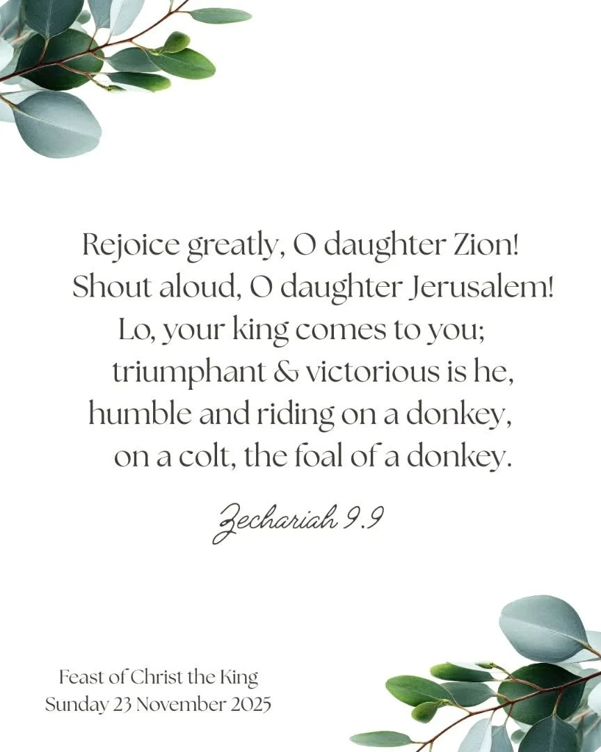 ✝️Feast of Christ the King,
🔸Sunday 23 November 2025

Rejoice greatly, O daughter Zion! Shout aloud, O daughter Jerusalem! Lo, your king comes to you; triumphant and victorious is he, humble and riding on a donkey, on a colt, the foal of a donkey.
(