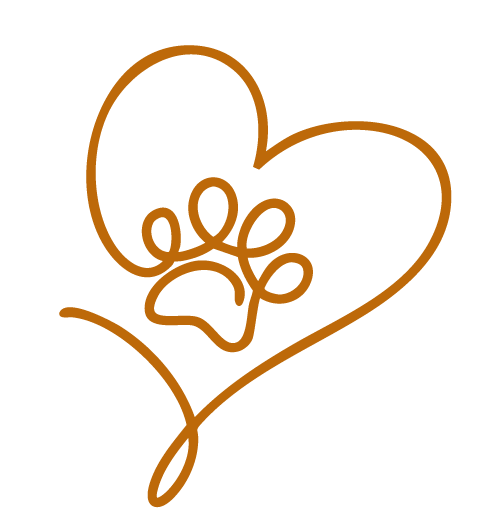 Line drawing of a heart with a paw print inside, connected to a heart shape, all in brown on a black background.