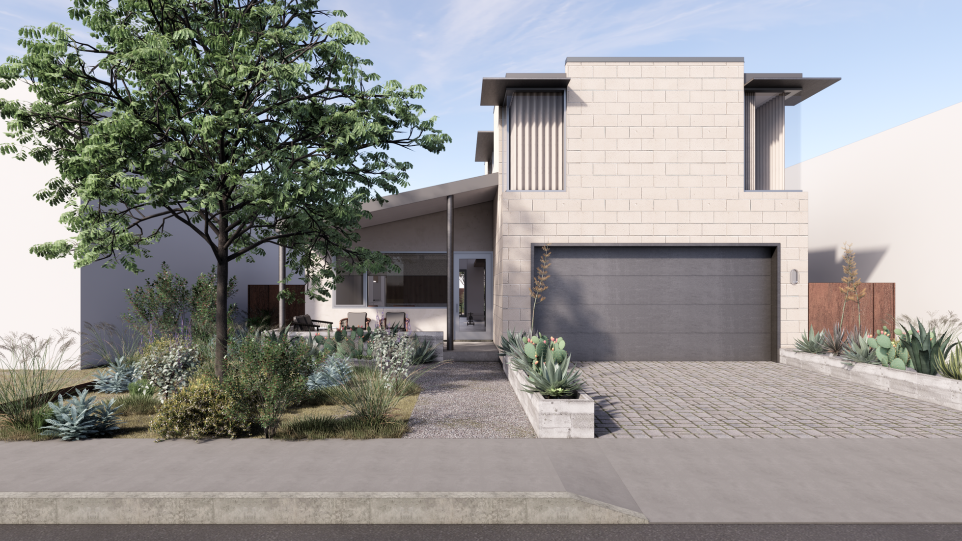 Modern house with a concrete exterior, large garage door, outdoor seating area, and desert landscaping including succulents and cacti.