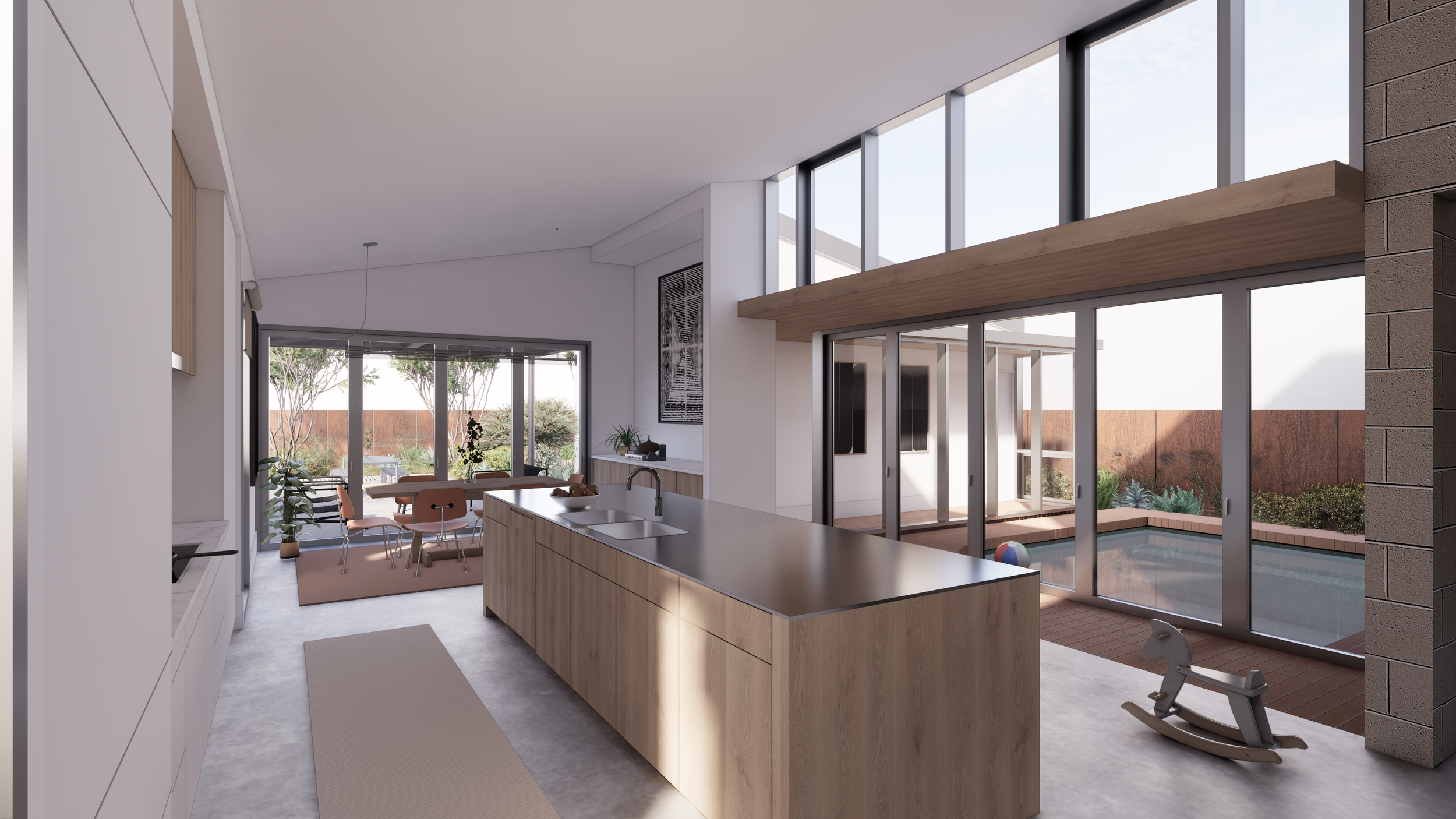 Modern open-plan kitchen and dining area with large glass walls overlooking a backyard pool, wooden accents, and minimal decor.