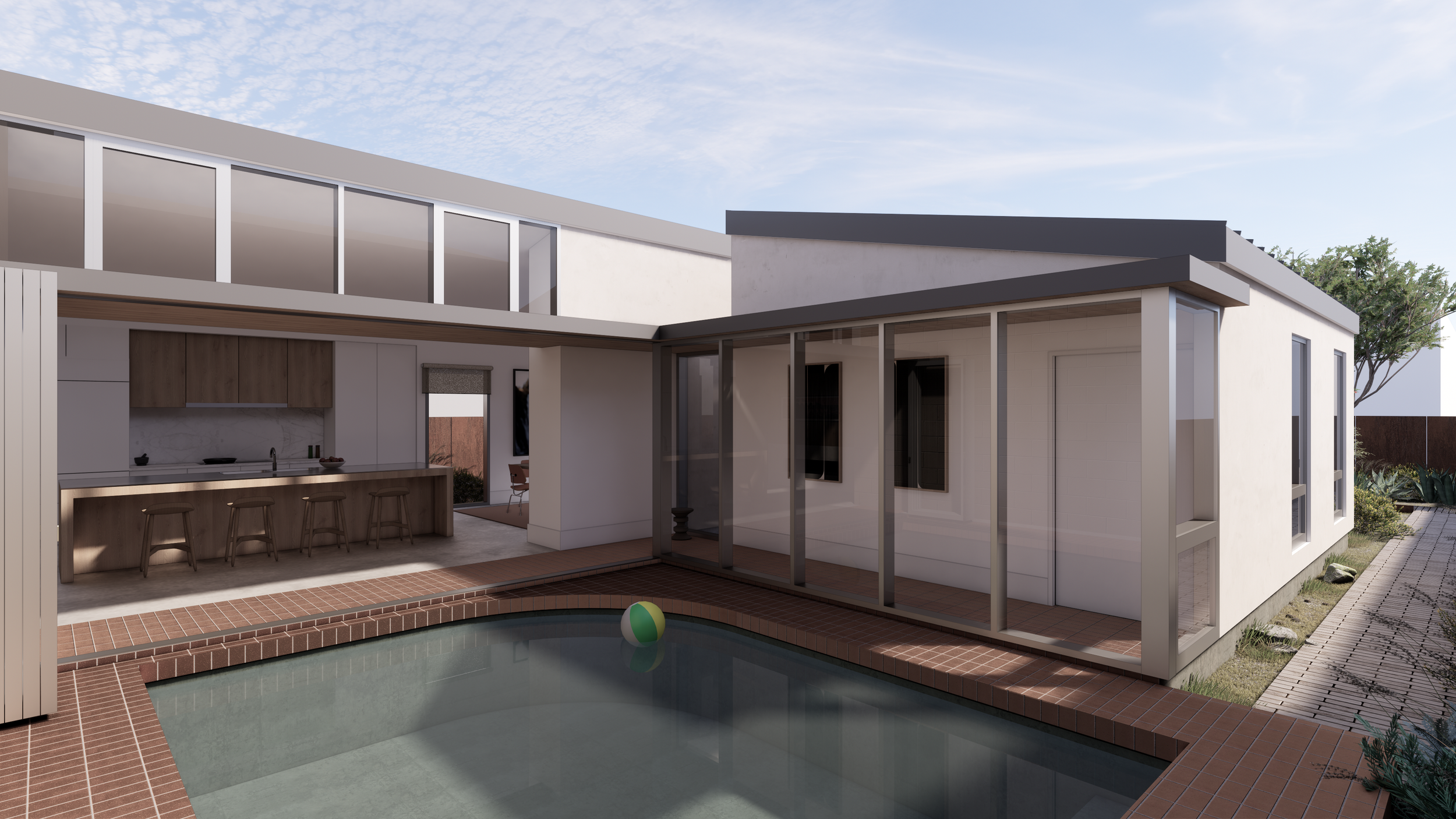 Modern backyard with a pool, outdoor kitchen area with bar stools, and a screened-in porch.