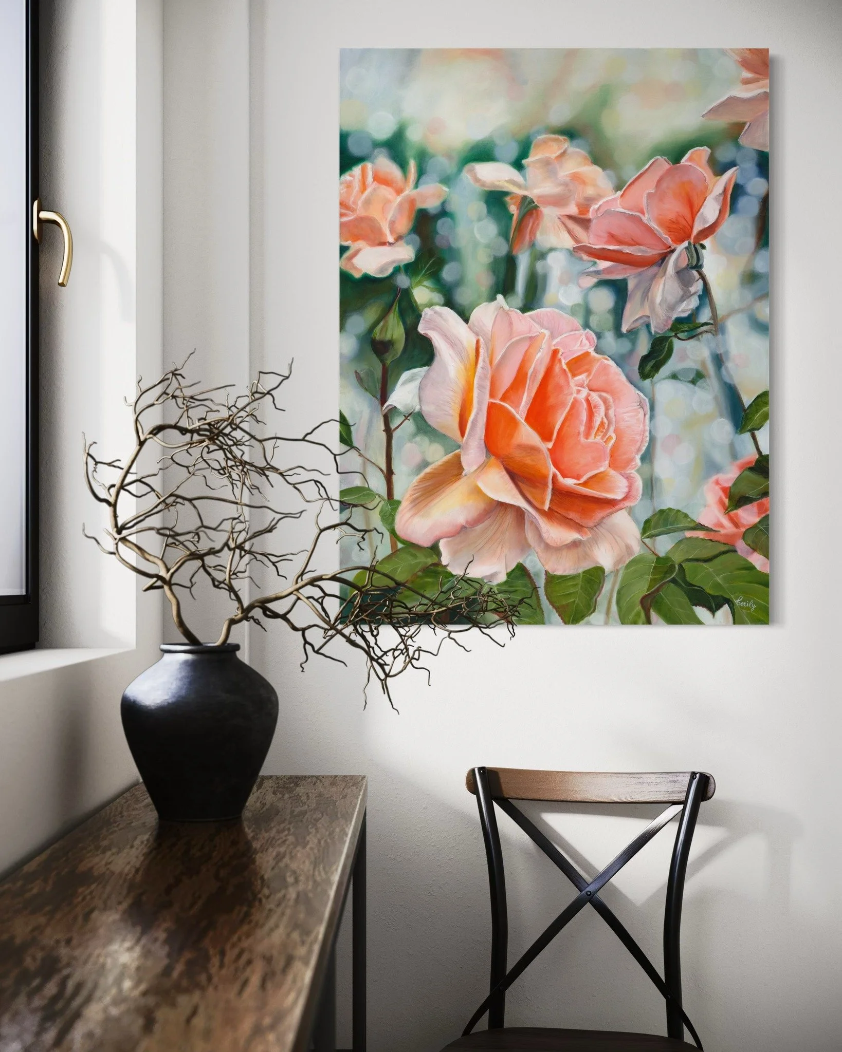 It is hard to walk past the window and not be drawn in by the beautiful florals.

Featured artwork in post
'Bathed in Light'
Cecily  Slade
760 x 1020 
Oil on Canvas 
$2,750.00 
Art Story: I found these gorgeous apricot roses in the little village of 