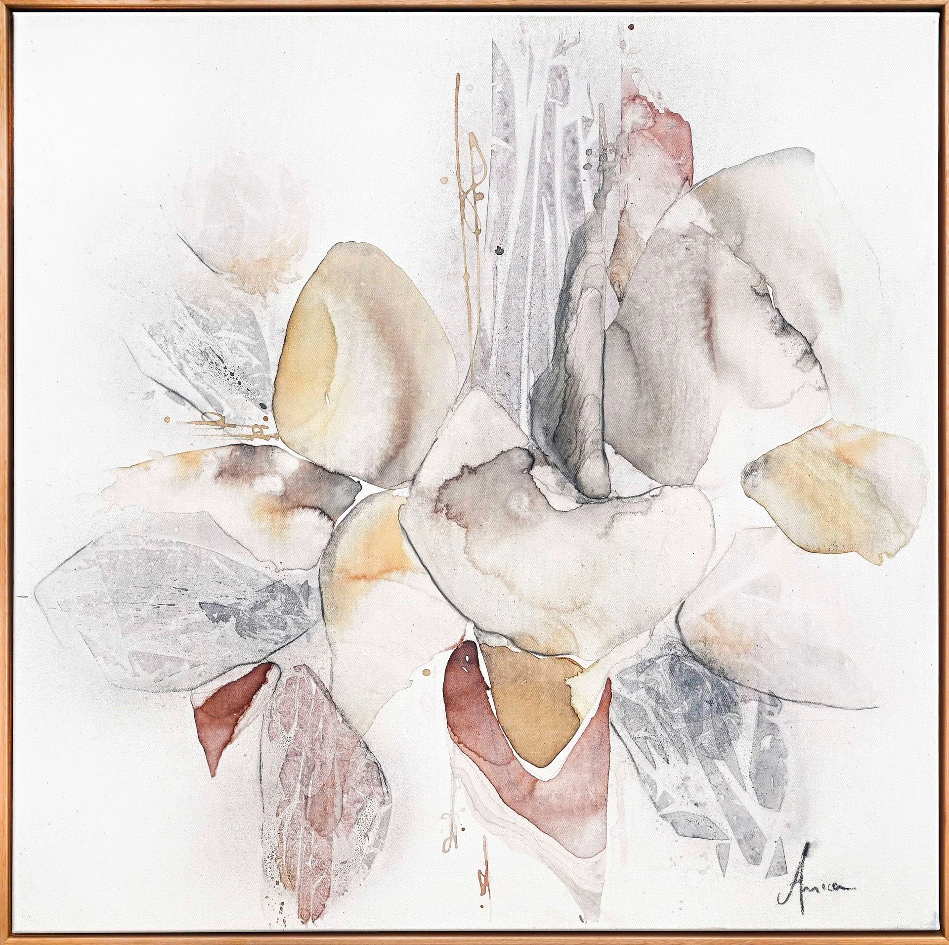 A soft, soulful work that invites you to pause and breathe.

'The Gentle Ash of Roses'
1016 x 1016mm
Ink, acrylic, and charcoal on canvas, framed in oak

Art story:
&ldquo;My intention was to create a painting that felt like a visual embrace &mdash; 
