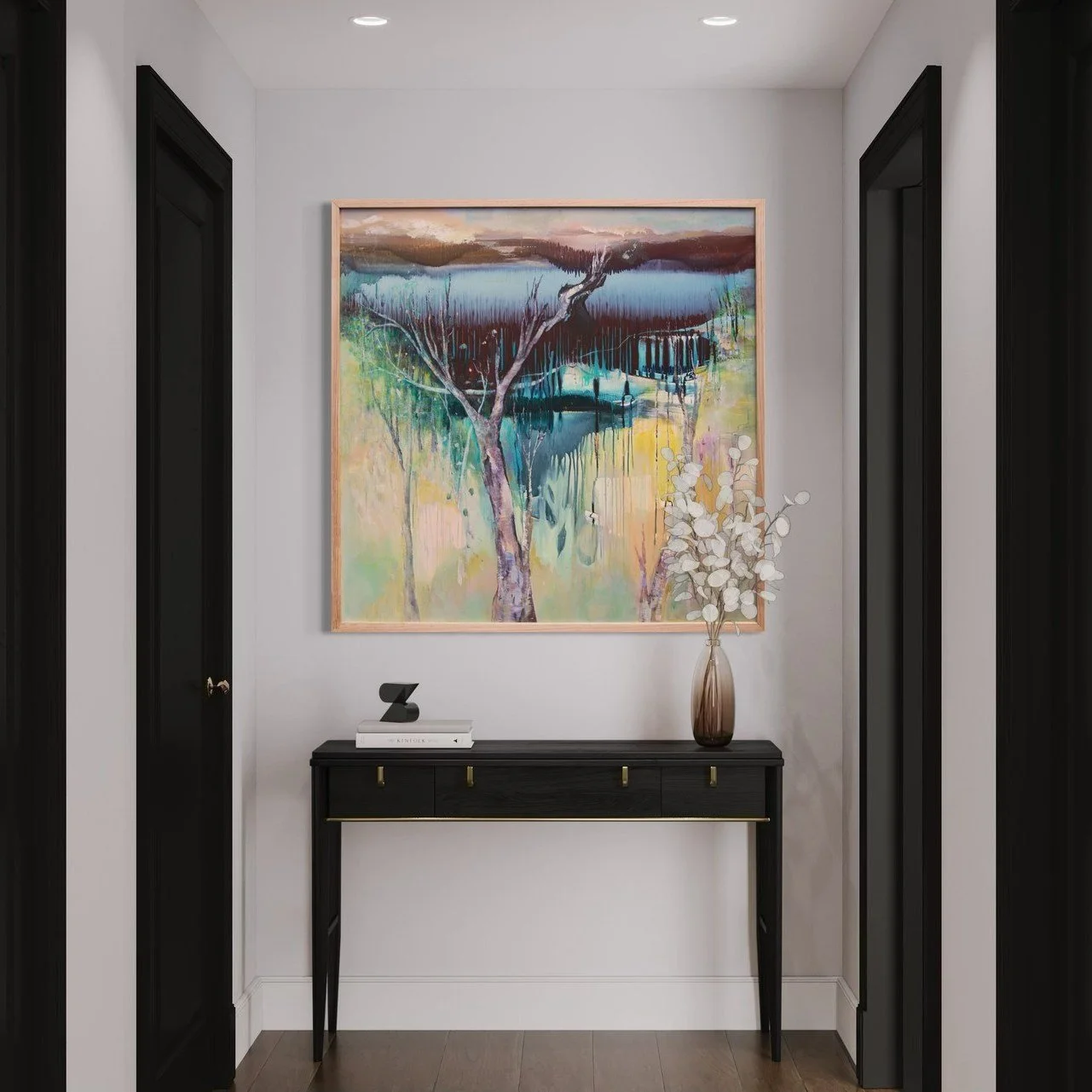 &lsquo;Through the Looking Glass&rsquo; by Lyne Marshall
1260 x 1260mm (framed)
Acrylic on aluminum
$5,500.00

Art story:
This painting invites the viewer on a journey &mdash; looking down across a valley, then glancing upward to the far horizon. A s