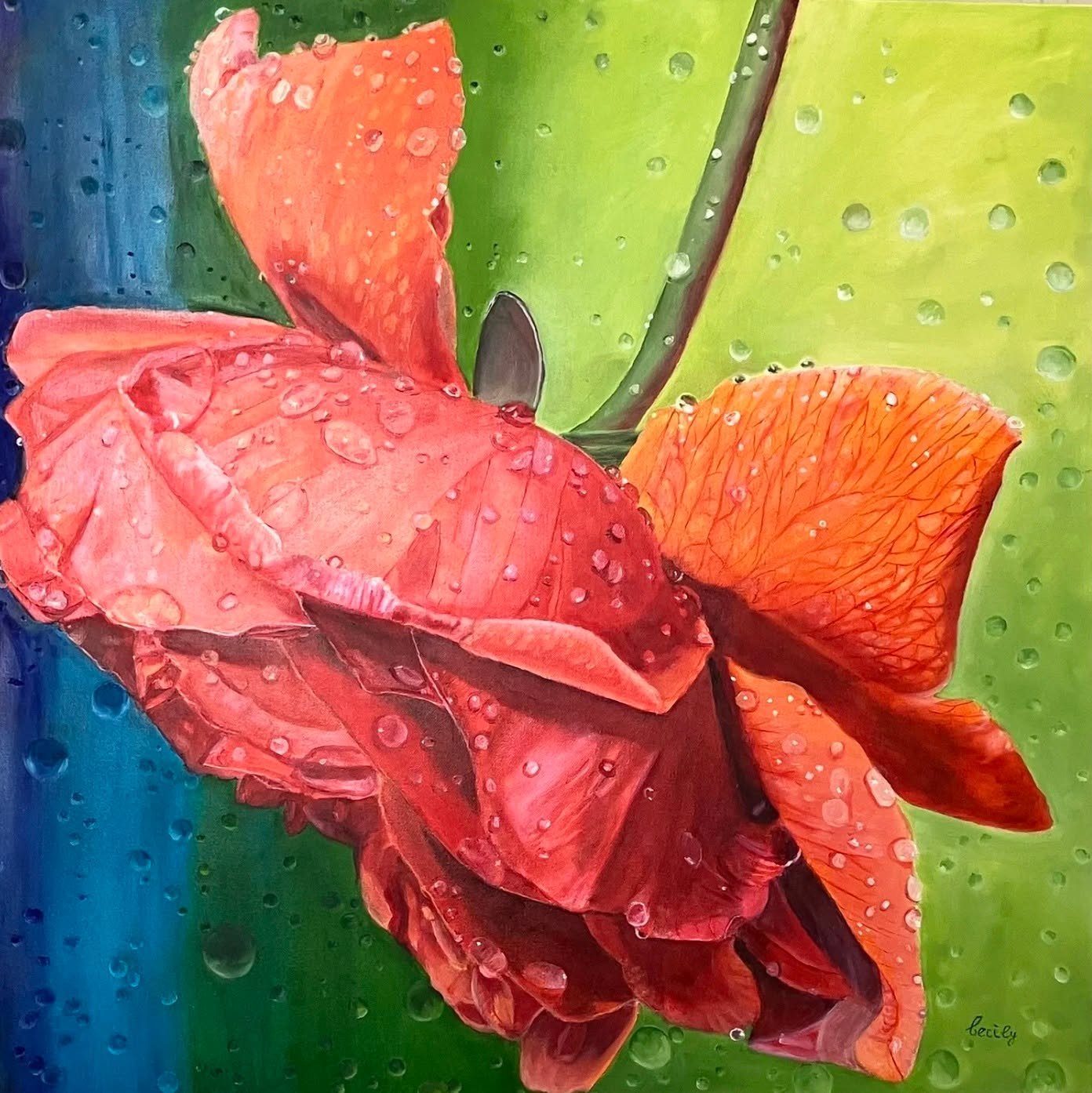 Stop&hellip; Breathe&hellip;Listen to the rain, allow it to relax your body and your mind. Rain brings renewal and life. 

Artist Cecily Slade wanted this painting to be a visceral experience, a place of inner rest and renewal. The Gentle Breath of R