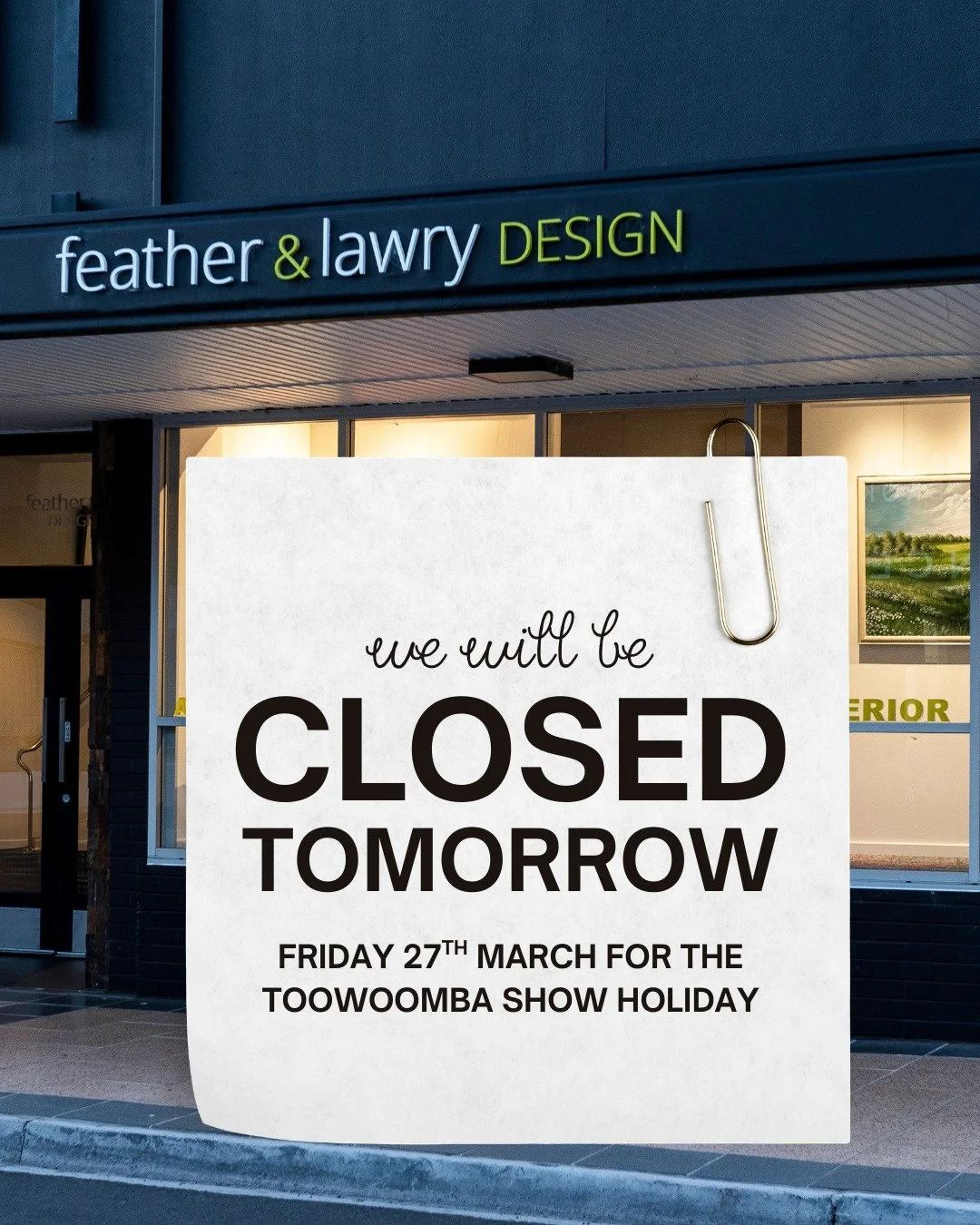 Please note, Friday 27th March is the Toowoomba Show Holiday, so our gallery will be closed for the day. You can still view our stunning range of artwork online though!

Thank you for your understanding.

www.featherandlawrygallery.com.au