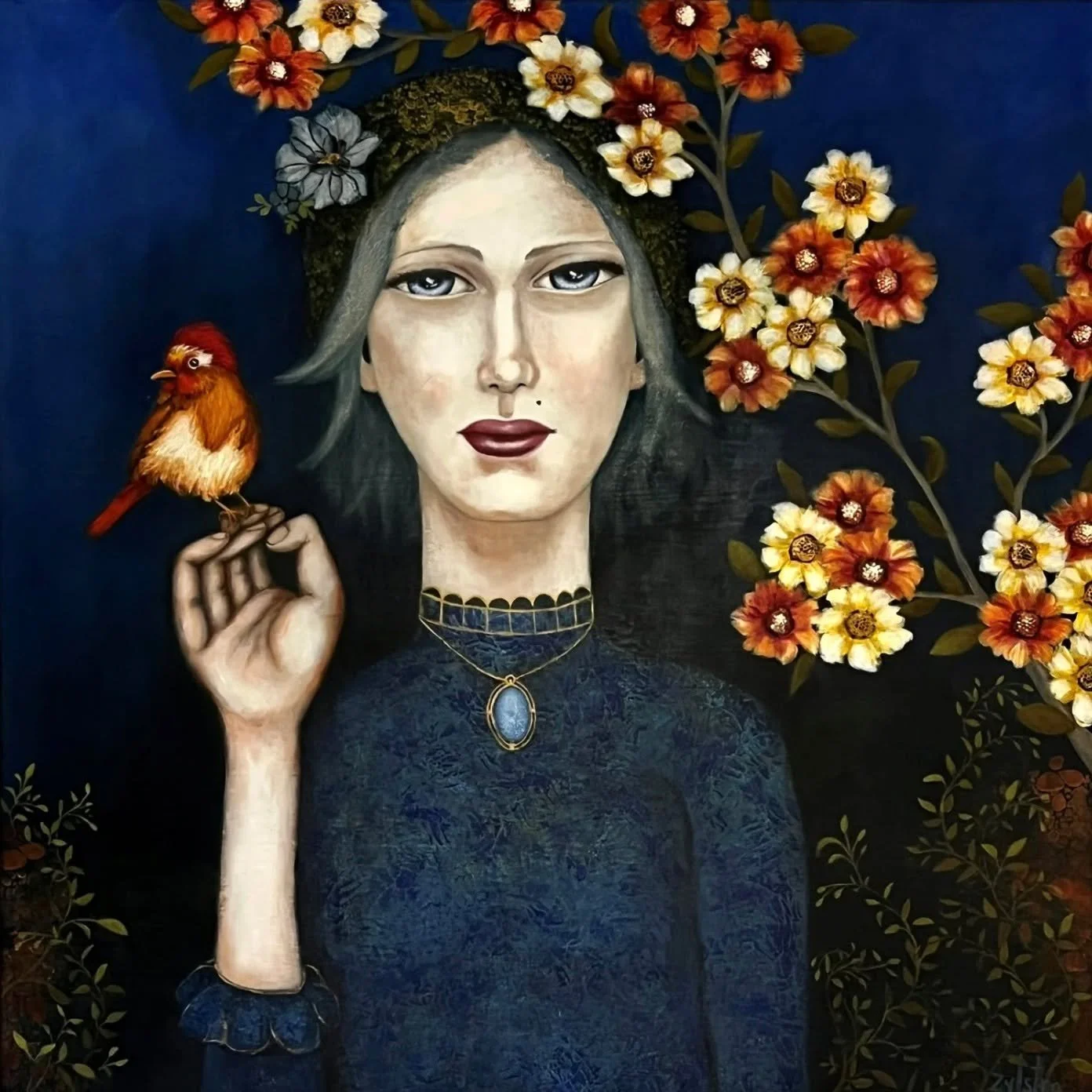 A small bird settles where silence has softened the hand. She wears the evening gently, crowned with flowers that remember light. In the deep blue hush of her guarded world, nothing asks to be louder than breath, than stillness, than the quiet comfor