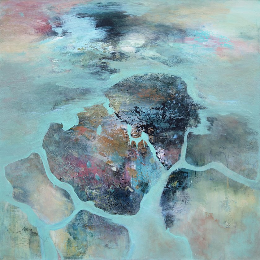 Abstract painting of a sailing boat with a muted color palette, featuring soft pinks, beiges, and dark accents, showing the boat in water with sails and reflections.