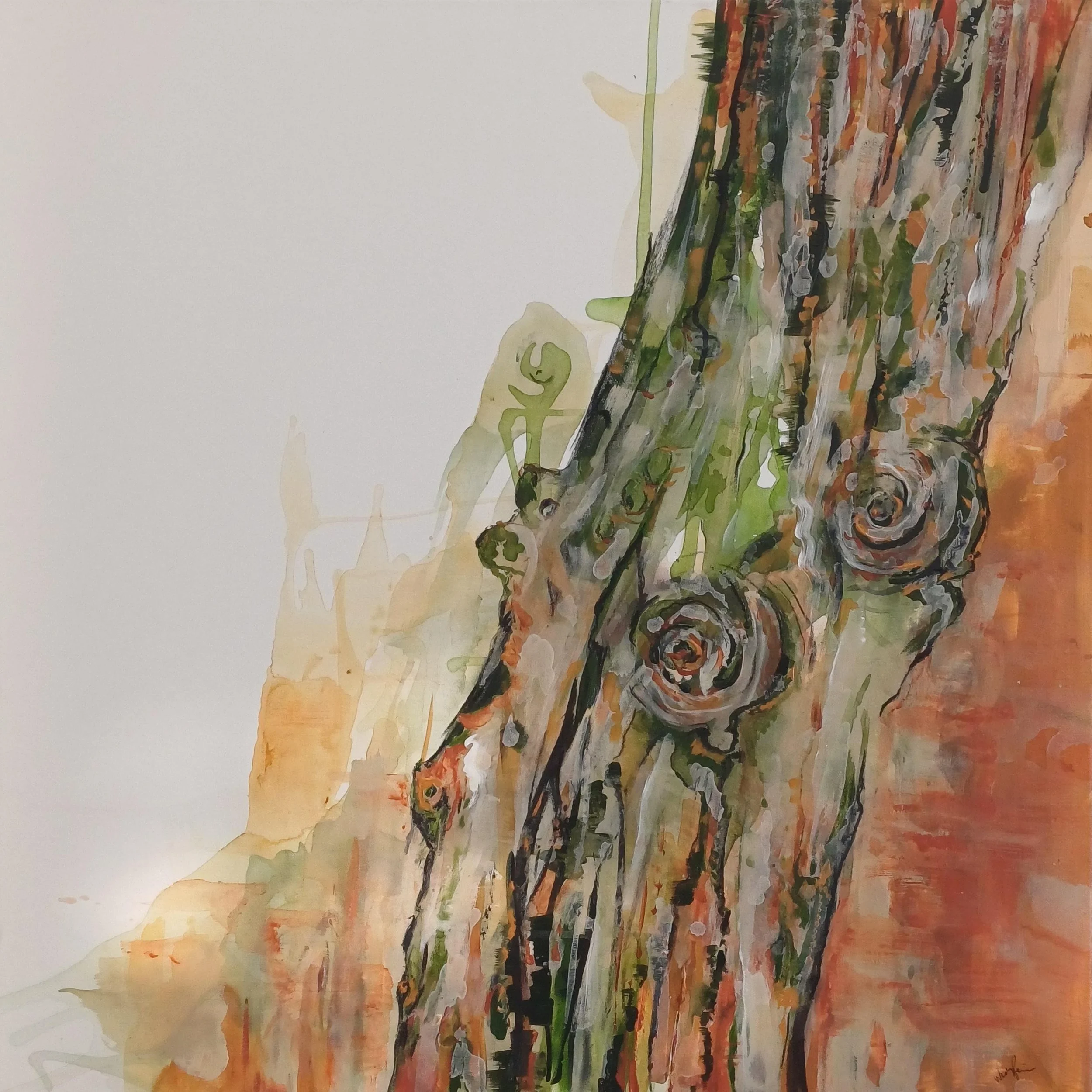 A watercolor painting of a tree trunk with several circular knots, showing textured bark with shades of brown, green, black, and hints of orange. The background is light with soft, abstract washes of color.