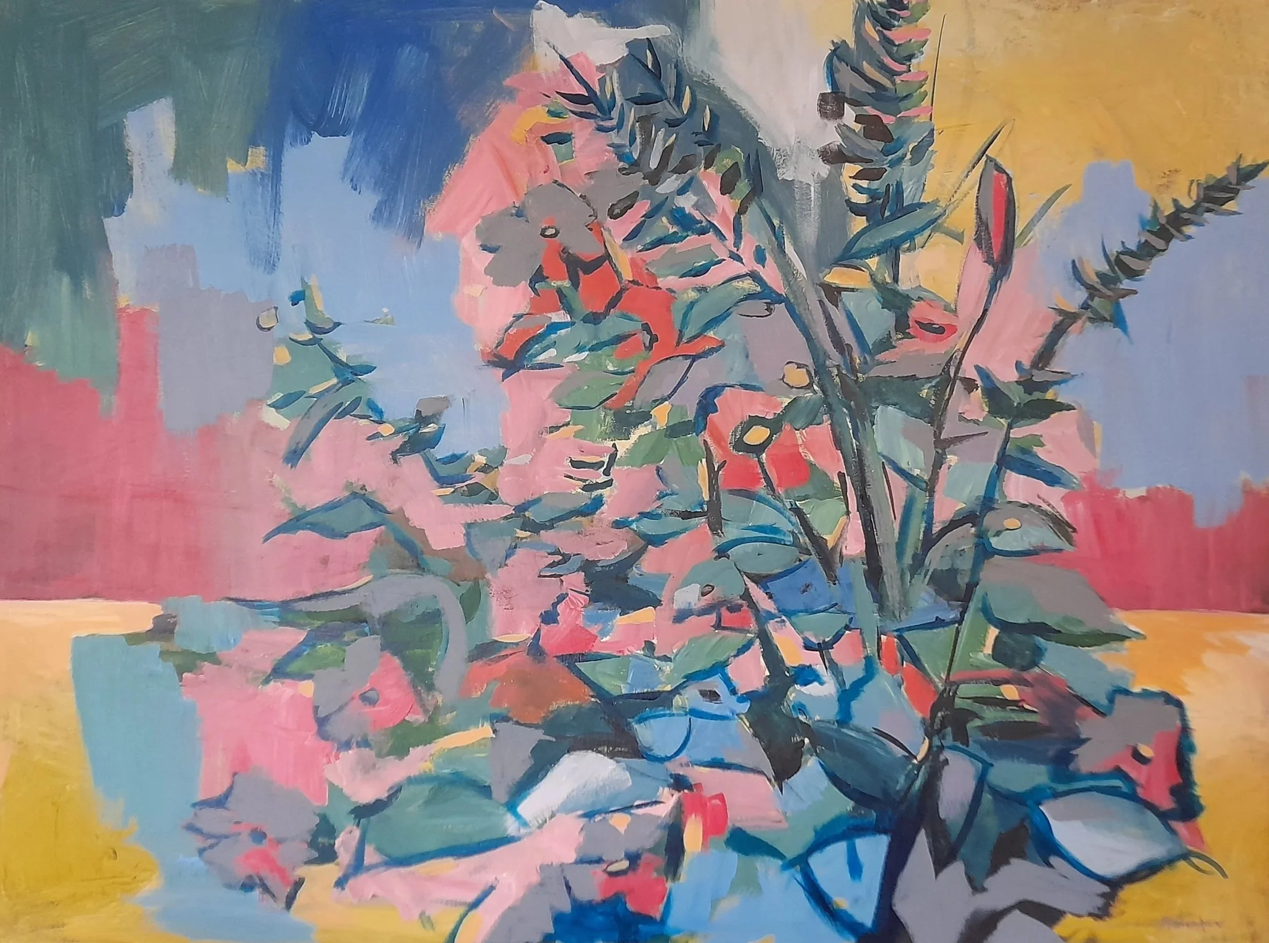 An abstract painting of a coastal scene with cliffs on either side and water in the distance, painted in warm and cool tones.